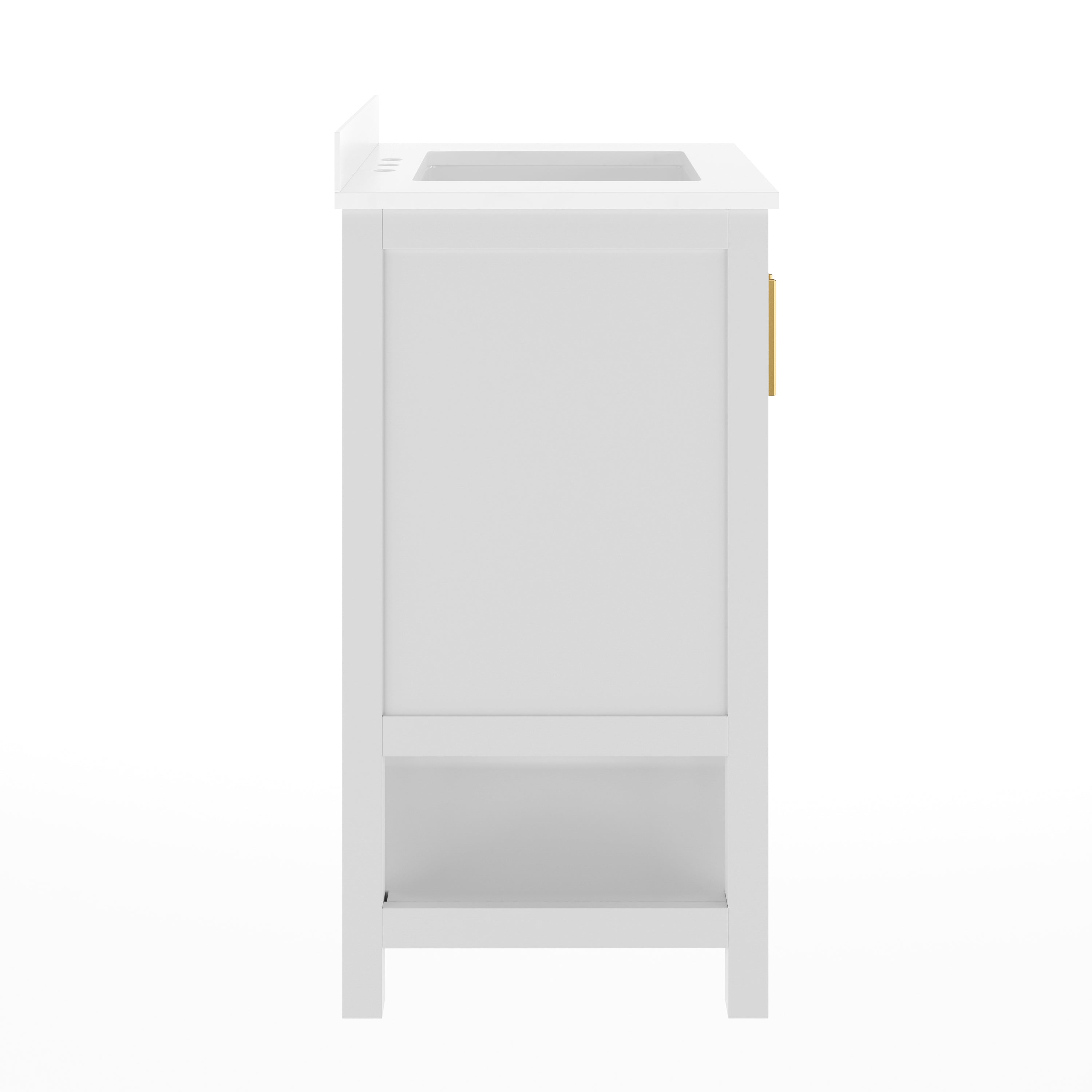 Vega 24" Bathroom Vanity with Sink, Storage Cabinet with Soft Close Doors & Open Shelf, Carrara Marble Finish Counter & Gold Hardware, White/White