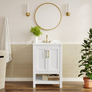 Vega 24" Bathroom Vanity with Sink, Storage Cabinet with Soft Close Doors & Open Shelf, Carrara Marble Finish Counter & Gold Hardware, White/White