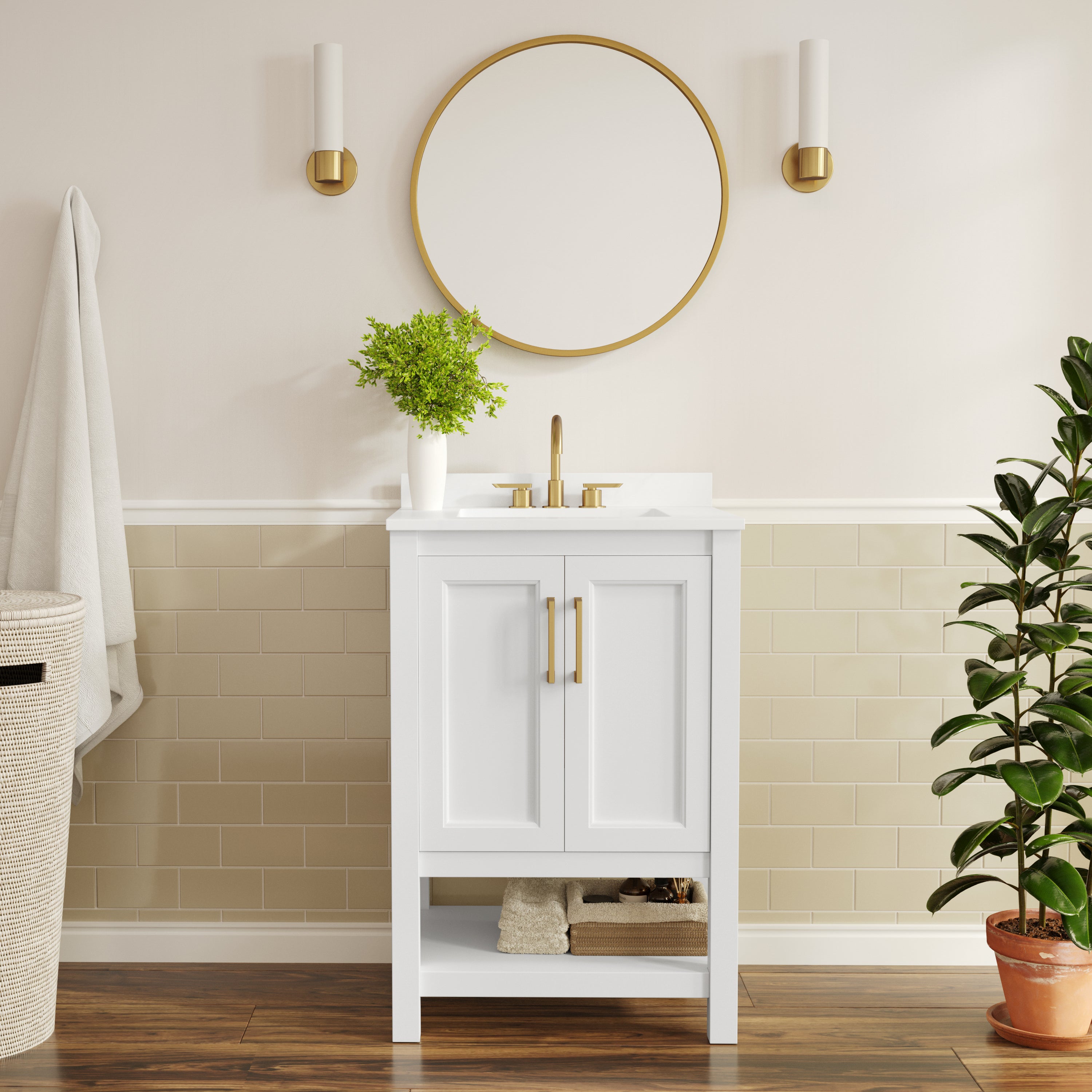 Vega 24" Bathroom Vanity with Sink, Storage Cabinet with Soft Close Doors & Open Shelf, Carrara Marble Finish Counter & Gold Hardware, White/White