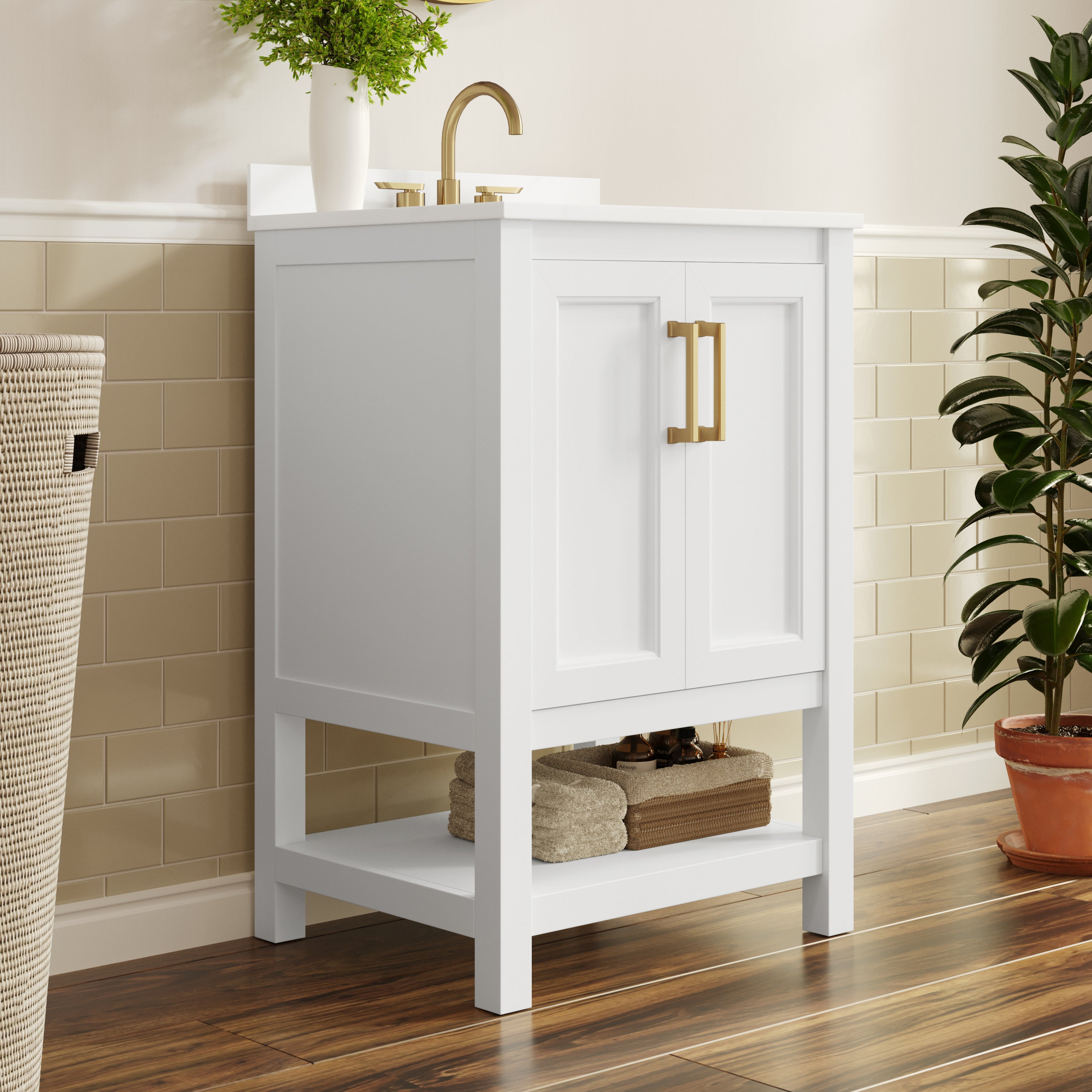 Vega 24" Bathroom Vanity with Sink, Storage Cabinet with Soft Close Doors & Open Shelf, Carrara Marble Finish Counter & Gold Hardware, White/White