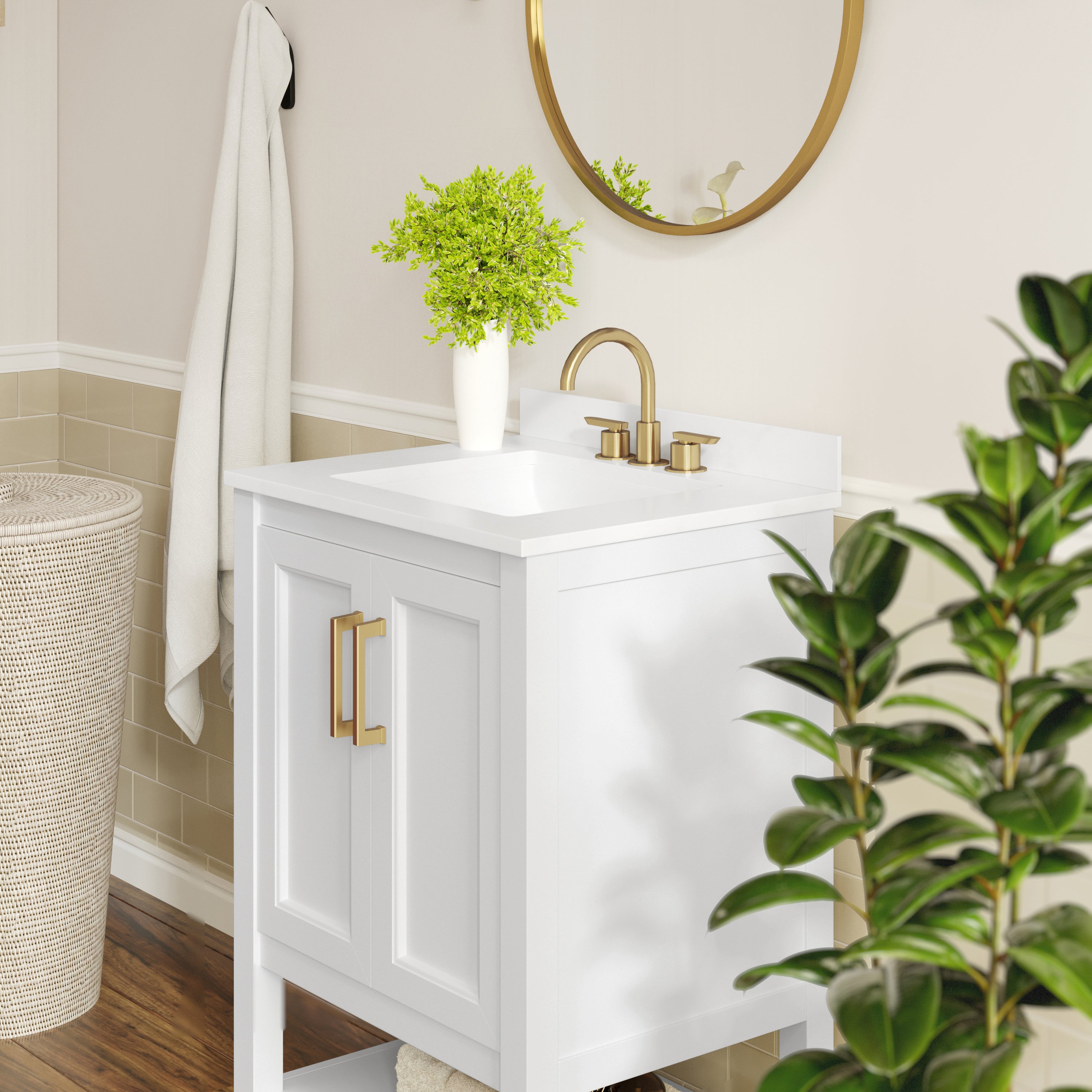 Vega 24" Bathroom Vanity with Sink, Storage Cabinet with Soft Close Doors & Open Shelf, Carrara Marble Finish Counter & Gold Hardware, White/White