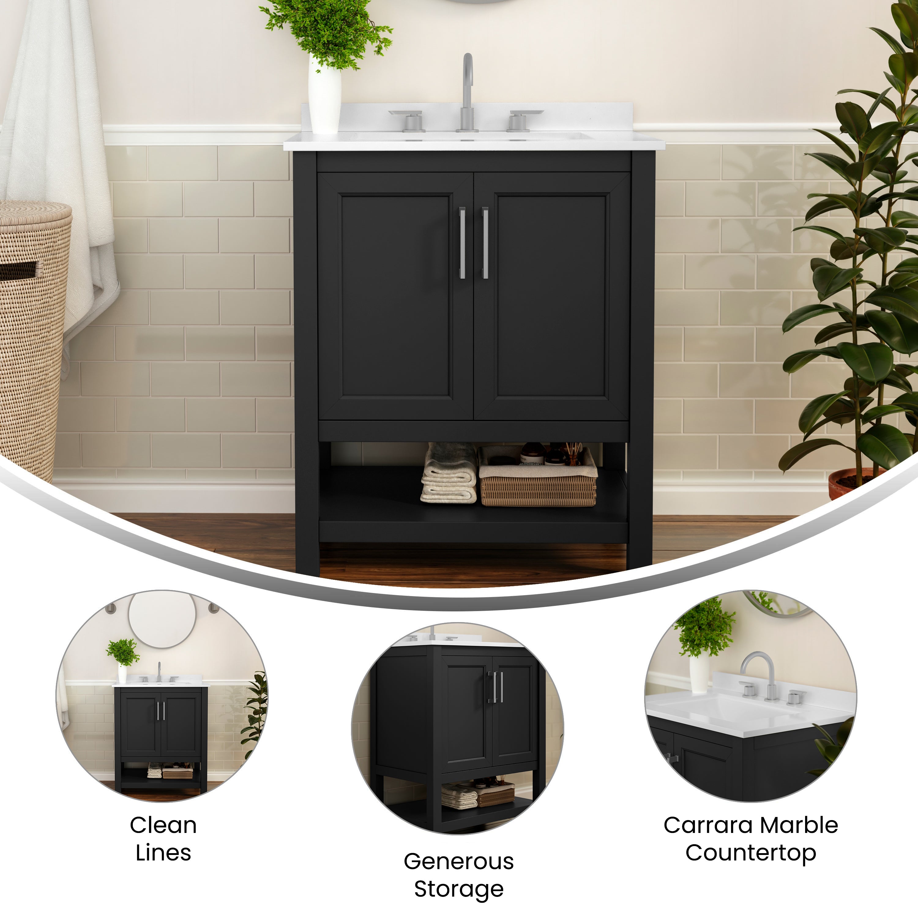 Vega 30 Inch Bathroom Vanity with Sink Combo, Storage Cabinet with Soft Close Doors and Open Shelf, Carrara Marble Finish Countertop, Black
