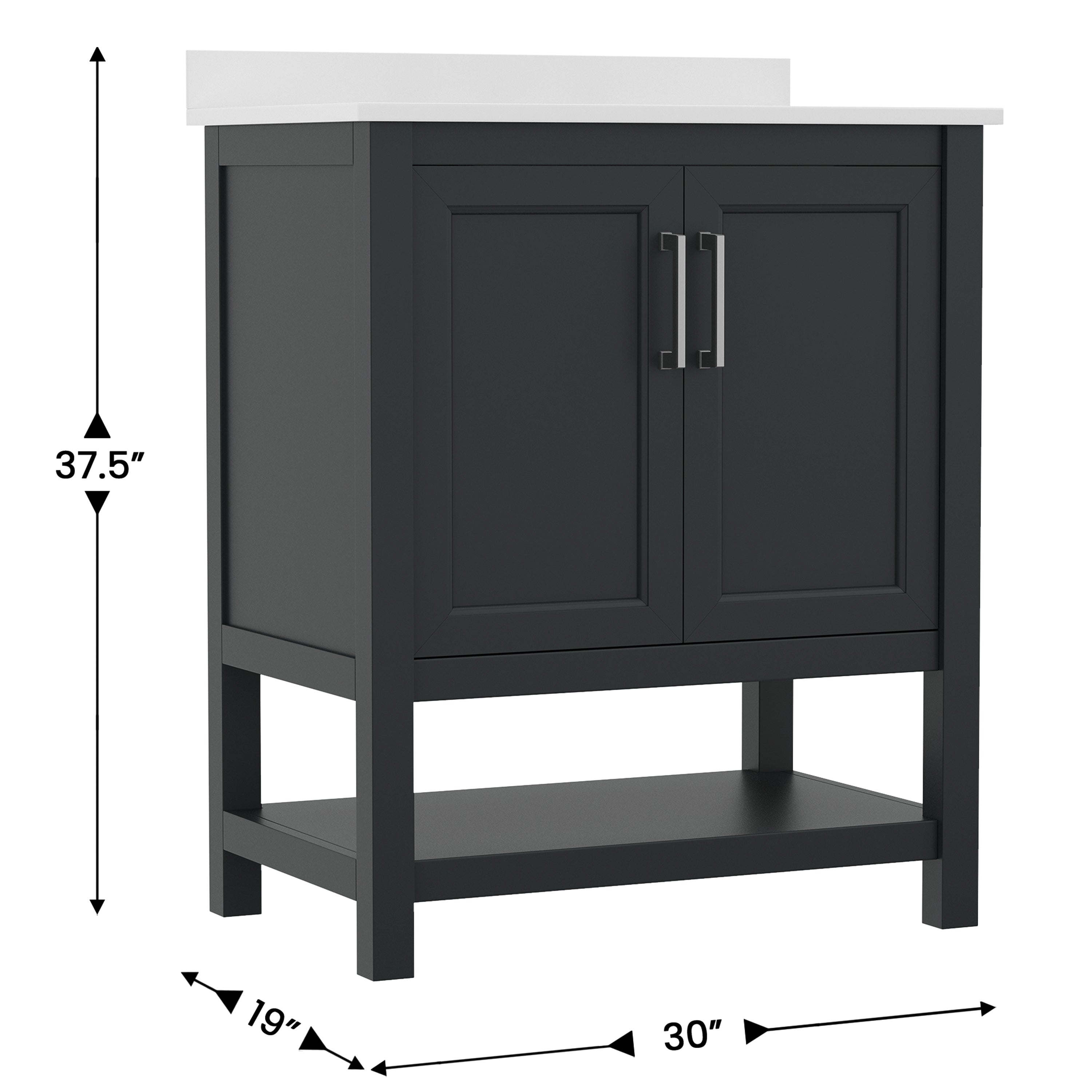 Vega 30 Inch Bathroom Vanity with Sink Combo, Storage Cabinet with Soft Close Doors and Open Shelf, Carrara Marble Finish Countertop, Black