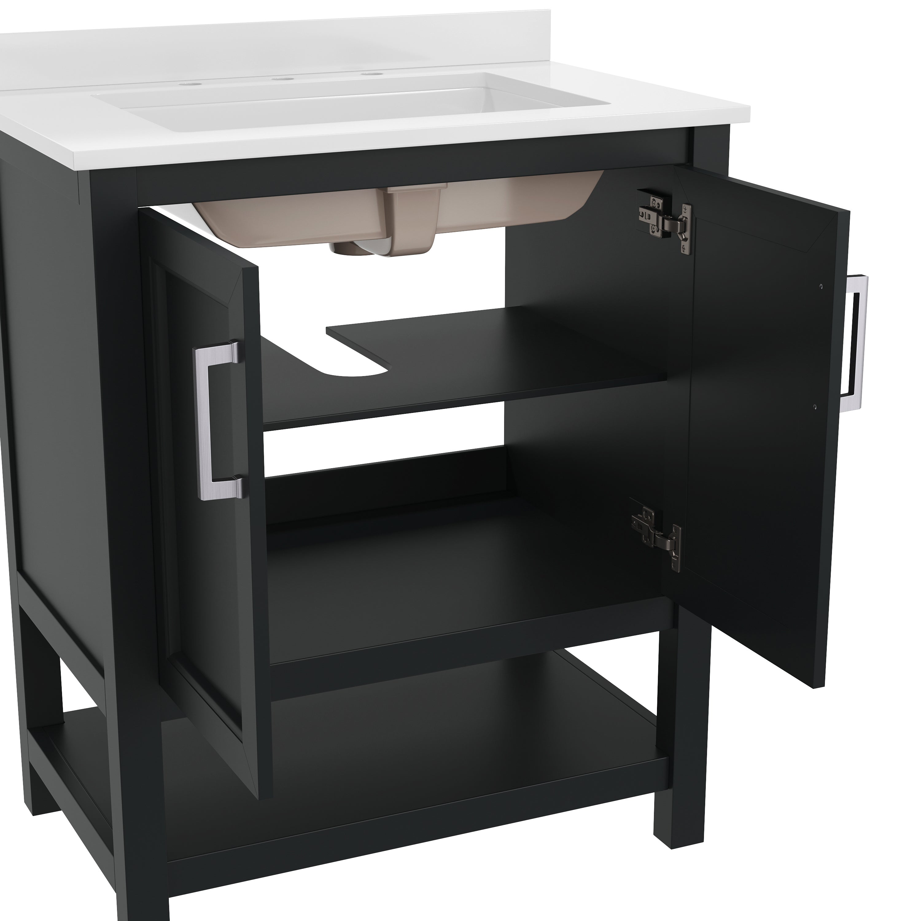 Vega 30 Inch Bathroom Vanity with Sink Combo, Storage Cabinet with Soft Close Doors and Open Shelf, Carrara Marble Finish Countertop, Black
