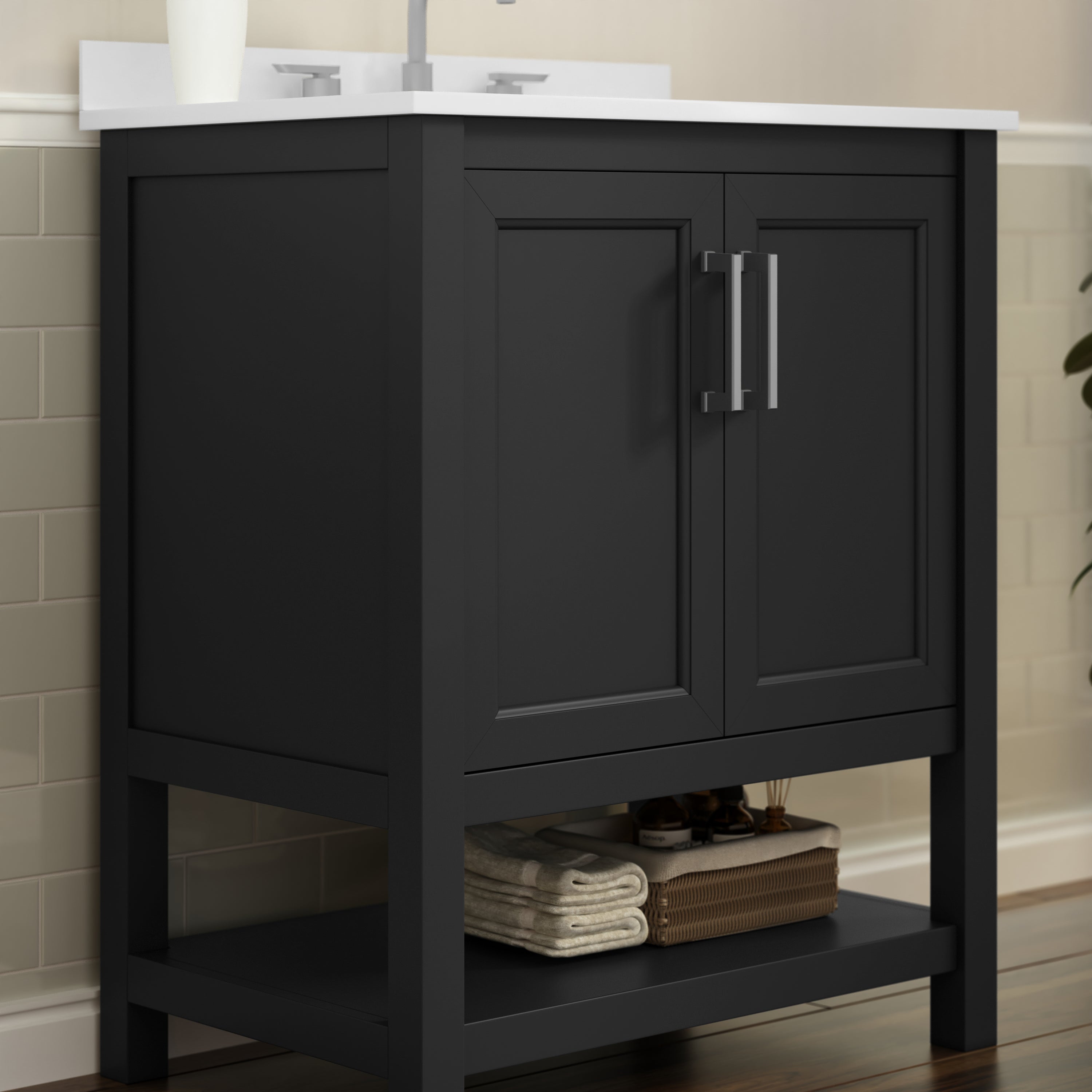 Vega 30 Inch Bathroom Vanity with Sink Combo, Storage Cabinet with Soft Close Doors and Open Shelf, Carrara Marble Finish Countertop, Black
