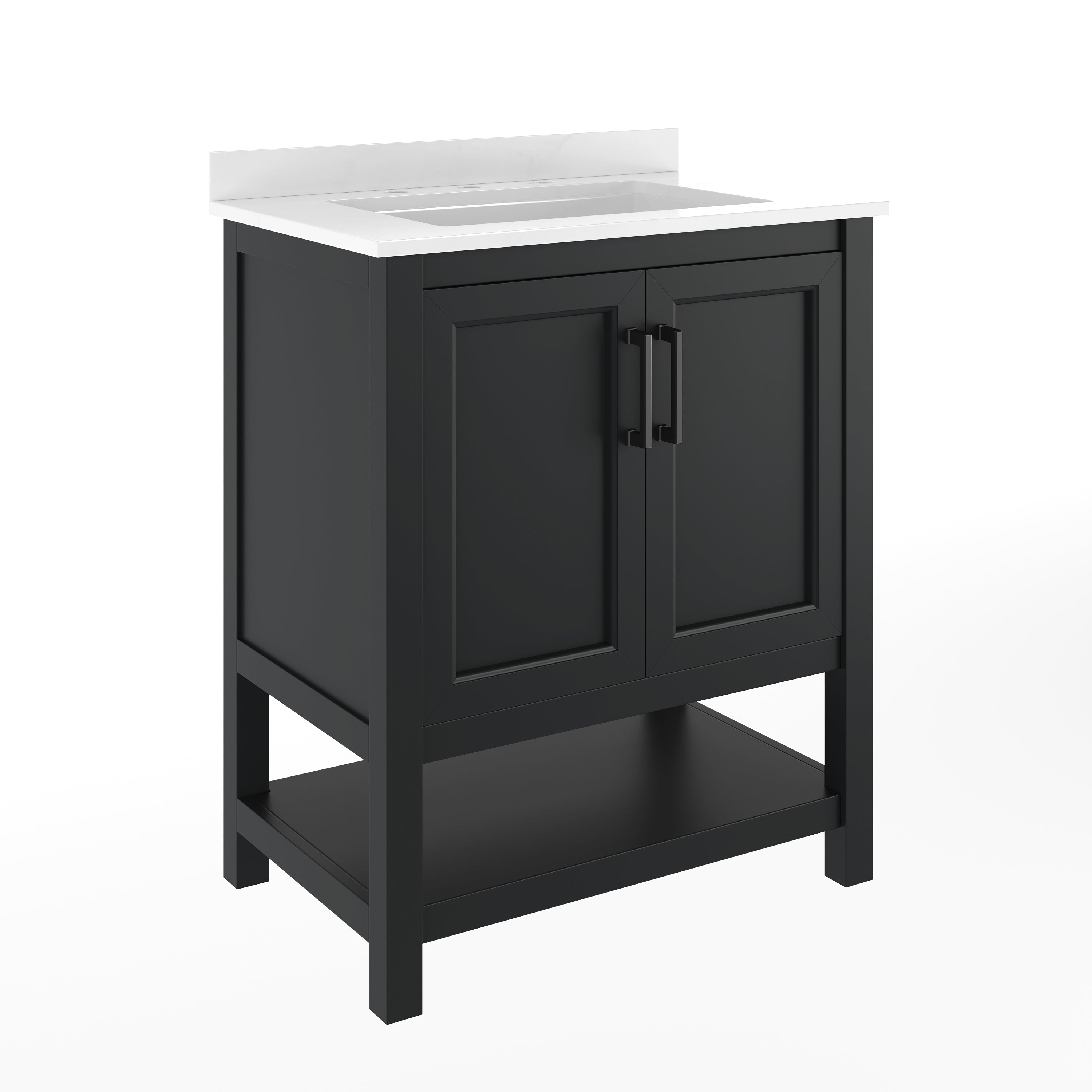 Vega 30" Bathroom Vanity with Sink, Storage Cabinet with Soft Close Doors & Open Shelf, Carrara Marble Finish Counter & Black Hardware, Black/White