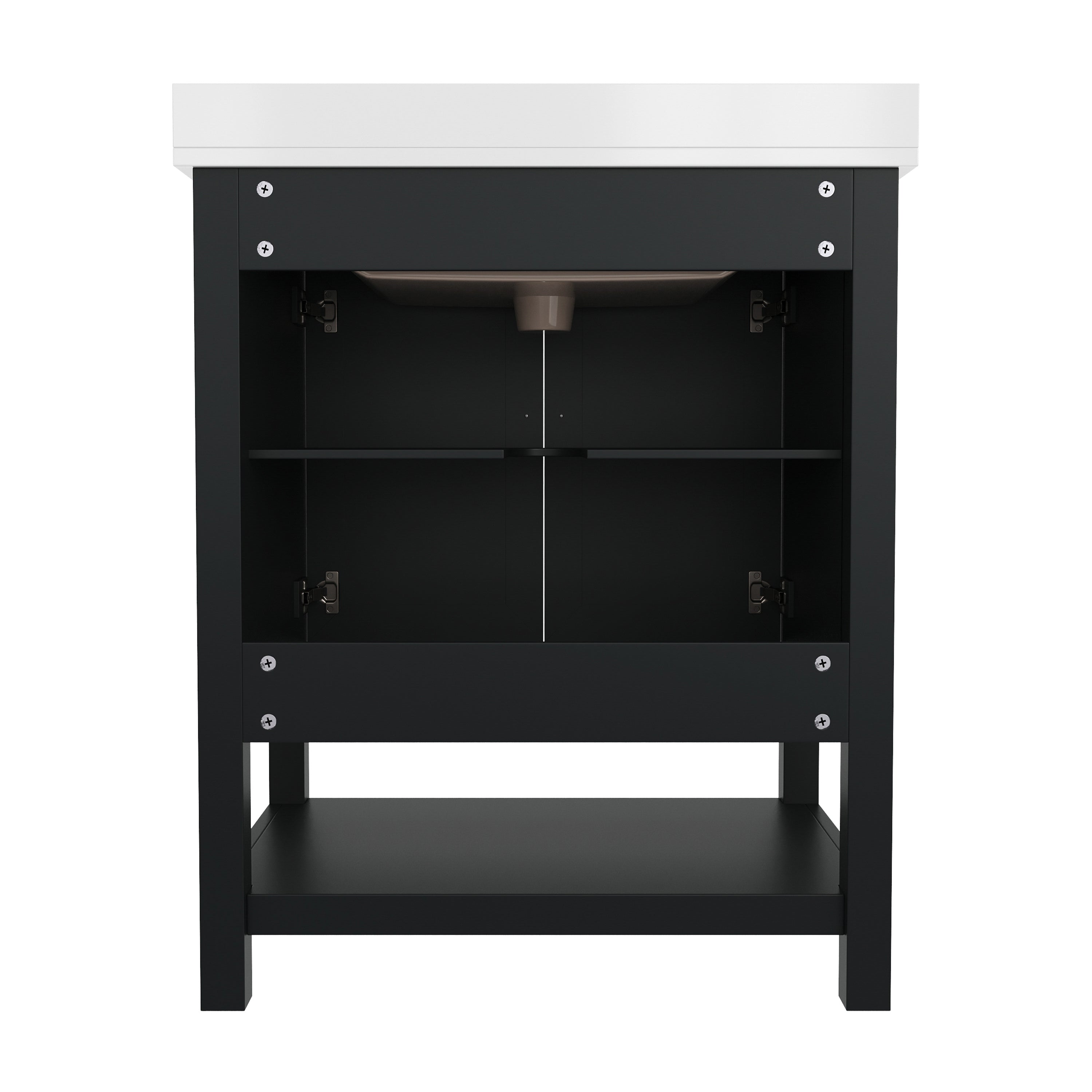 Vega 30" Bathroom Vanity with Sink, Storage Cabinet with Soft Close Doors & Open Shelf, Carrara Marble Finish Counter & Black Hardware, Black/White