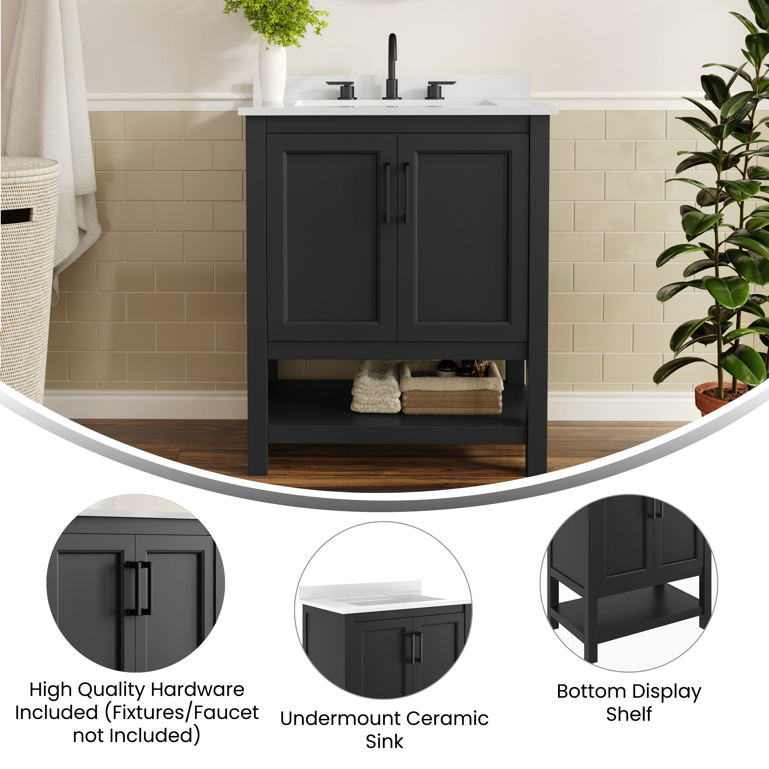 Vega 30" Bathroom Vanity with Sink, Storage Cabinet with Soft Close Doors & Open Shelf, Carrara Marble Finish Counter & Black Hardware, Black/White