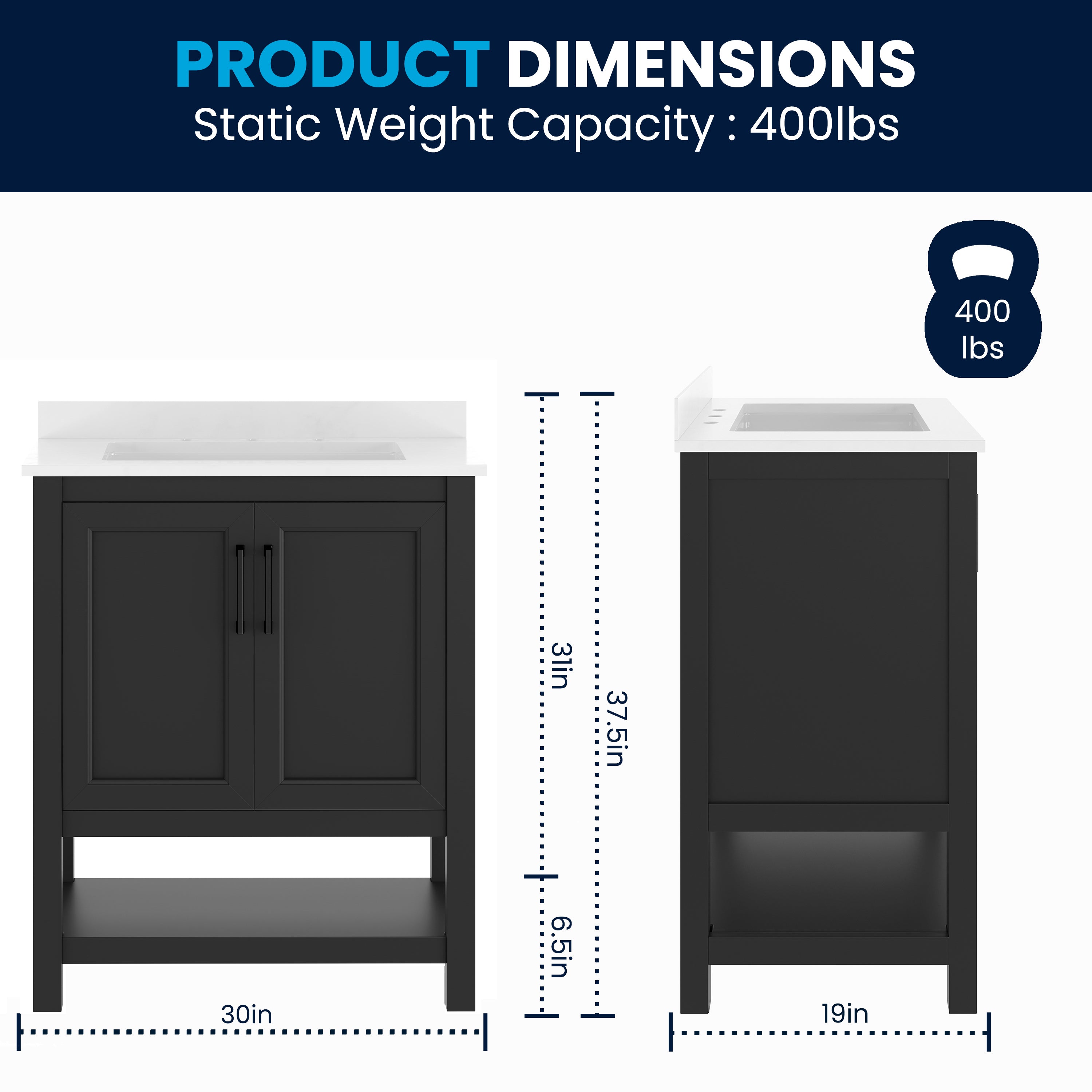 Vega 30" Bathroom Vanity with Sink, Storage Cabinet with Soft Close Doors & Open Shelf, Carrara Marble Finish Counter & Black Hardware, Black/White