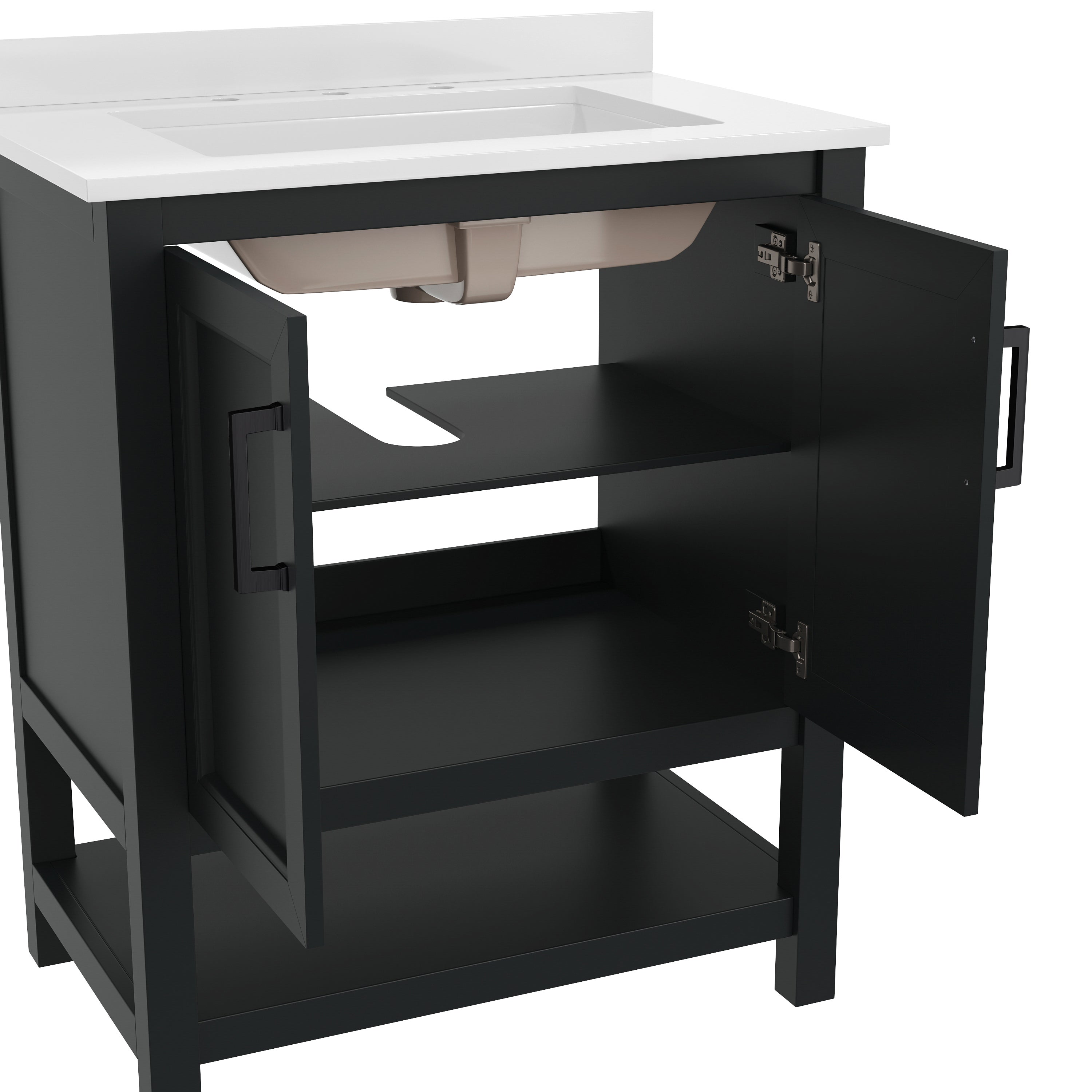 Vega 30" Bathroom Vanity with Sink, Storage Cabinet with Soft Close Doors & Open Shelf, Carrara Marble Finish Counter & Black Hardware, Black/White