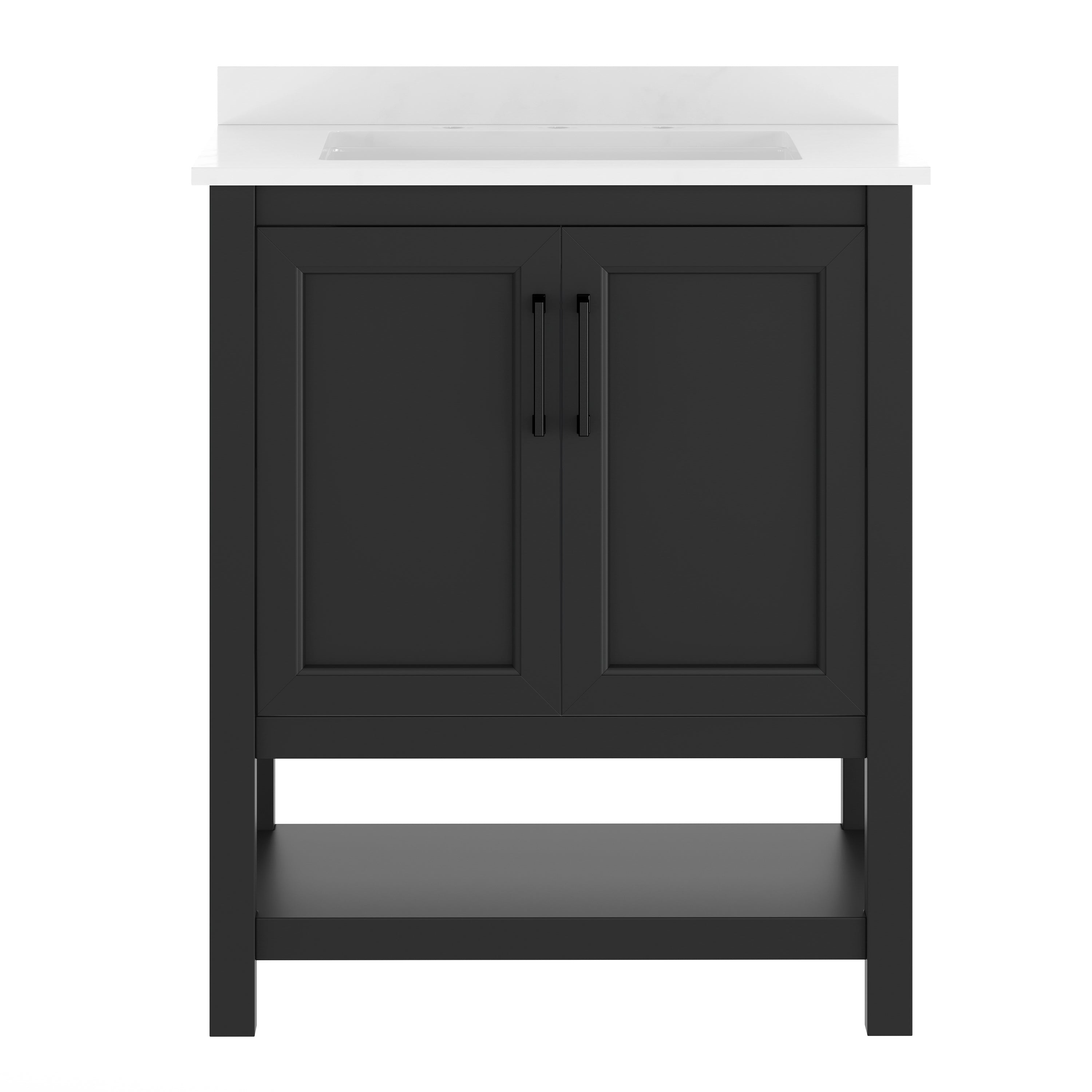 Vega 30" Bathroom Vanity with Sink, Storage Cabinet with Soft Close Doors & Open Shelf, Carrara Marble Finish Counter & Black Hardware, Black/White
