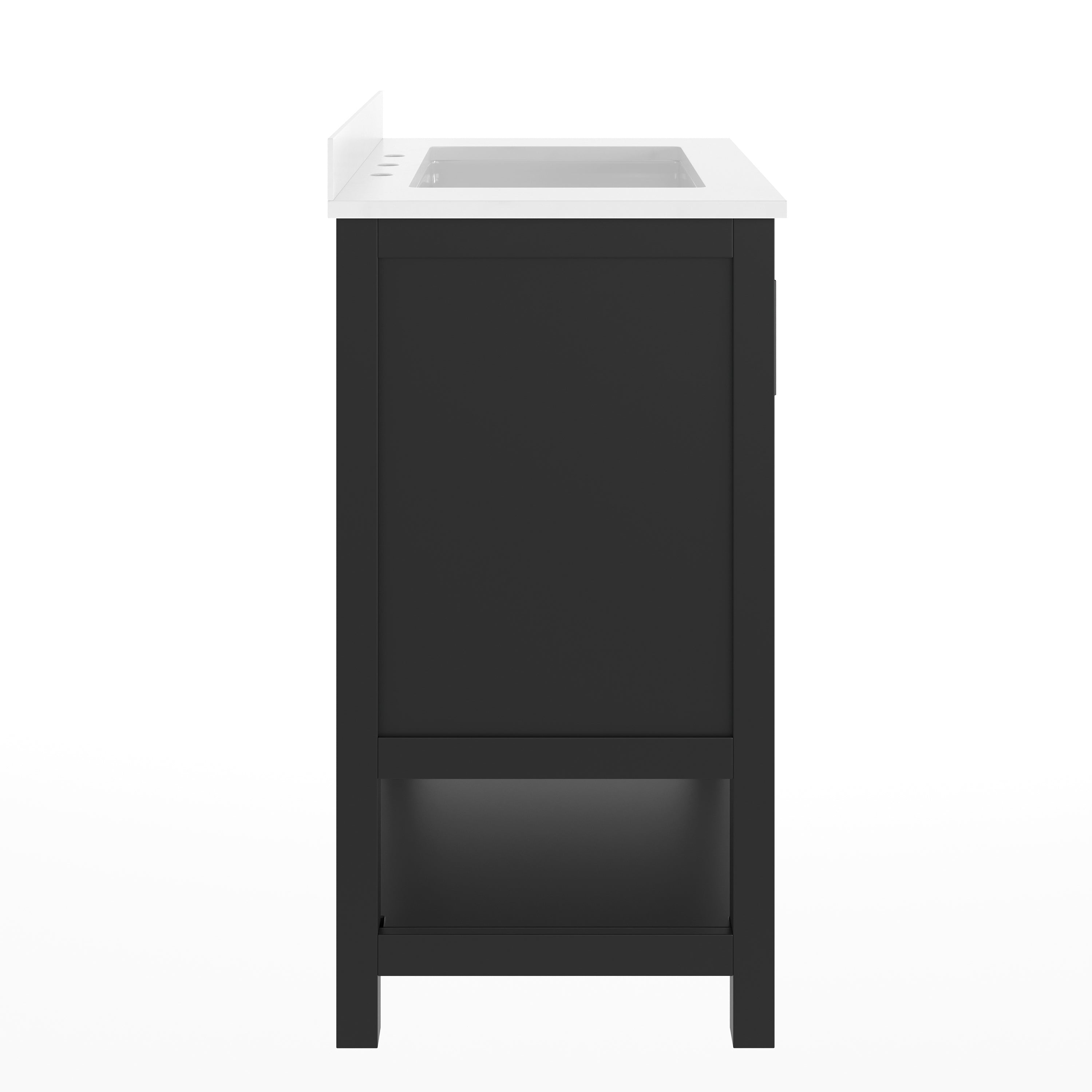 Vega 30" Bathroom Vanity with Sink, Storage Cabinet with Soft Close Doors & Open Shelf, Carrara Marble Finish Counter & Black Hardware, Black/White