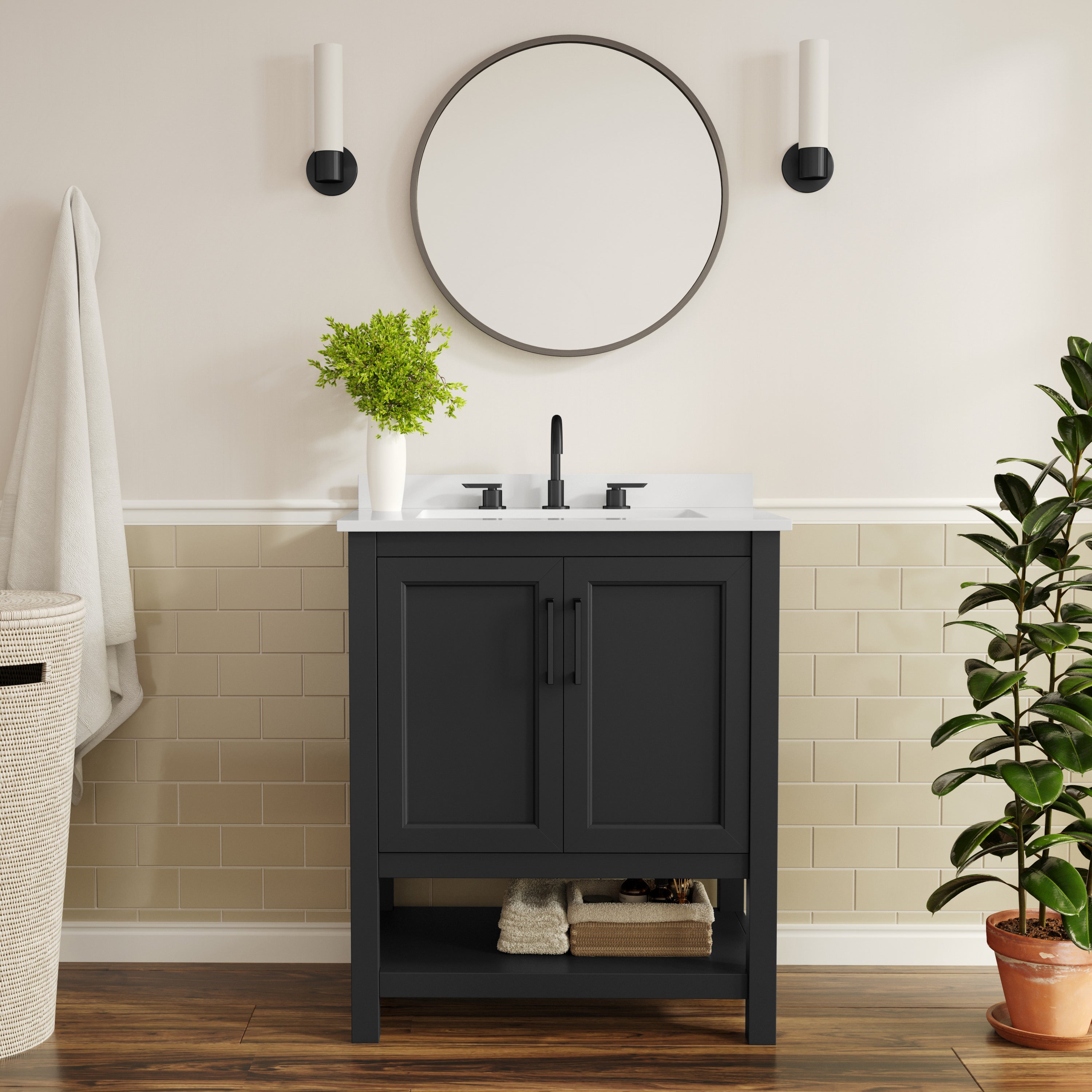 Vega 30" Bathroom Vanity with Sink, Storage Cabinet with Soft Close Doors & Open Shelf, Carrara Marble Finish Counter & Black Hardware, Black/White