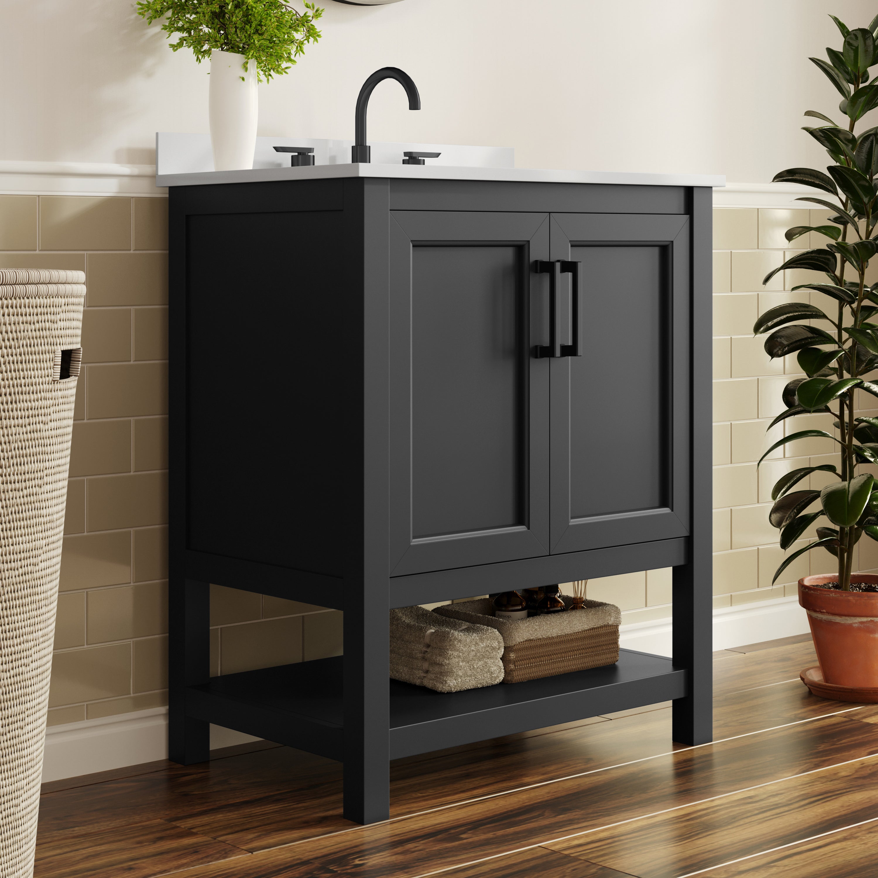 Vega 30" Bathroom Vanity with Sink, Storage Cabinet with Soft Close Doors & Open Shelf, Carrara Marble Finish Counter & Black Hardware, Black/White