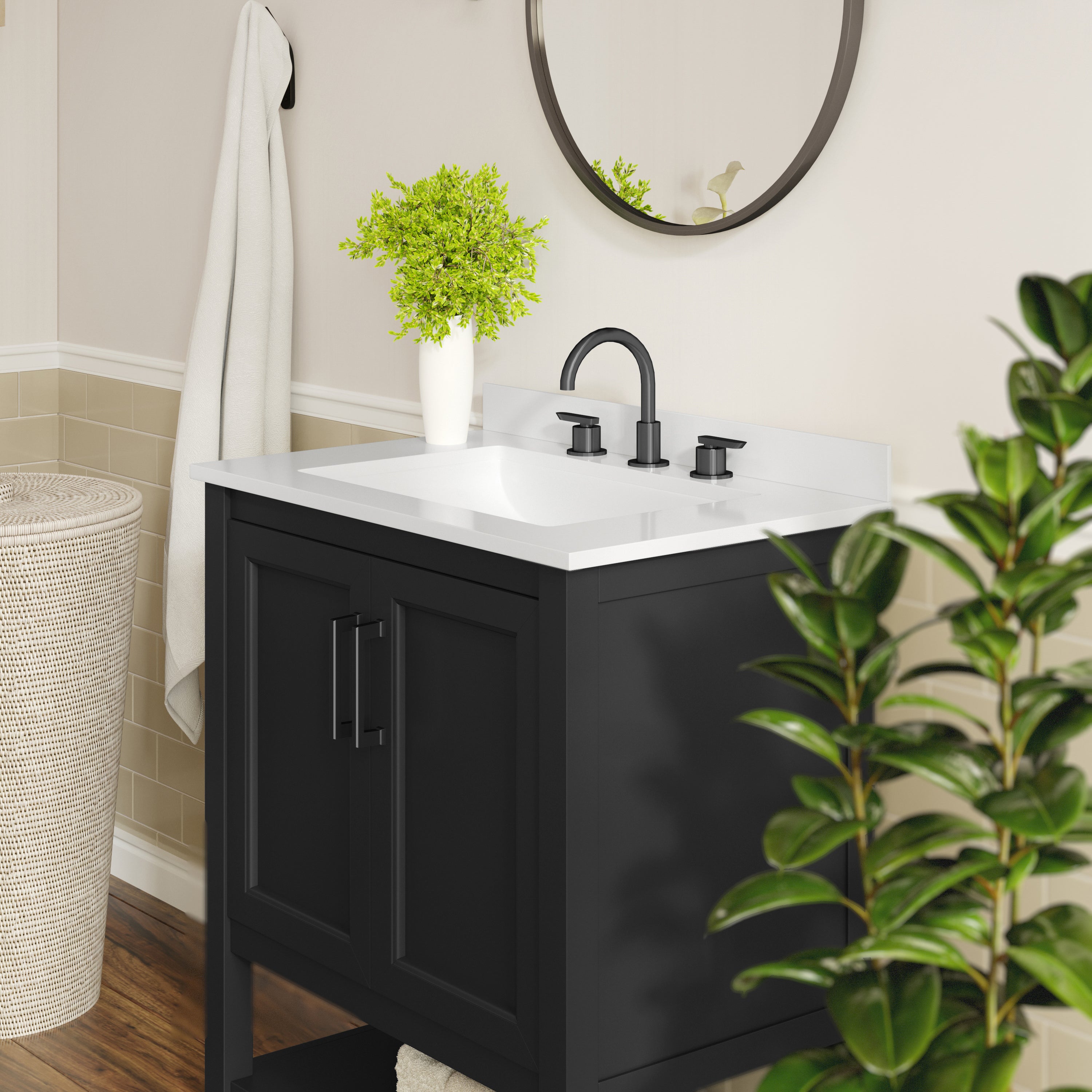 Vega 30" Bathroom Vanity with Sink, Storage Cabinet with Soft Close Doors & Open Shelf, Carrara Marble Finish Counter & Black Hardware, Black/White