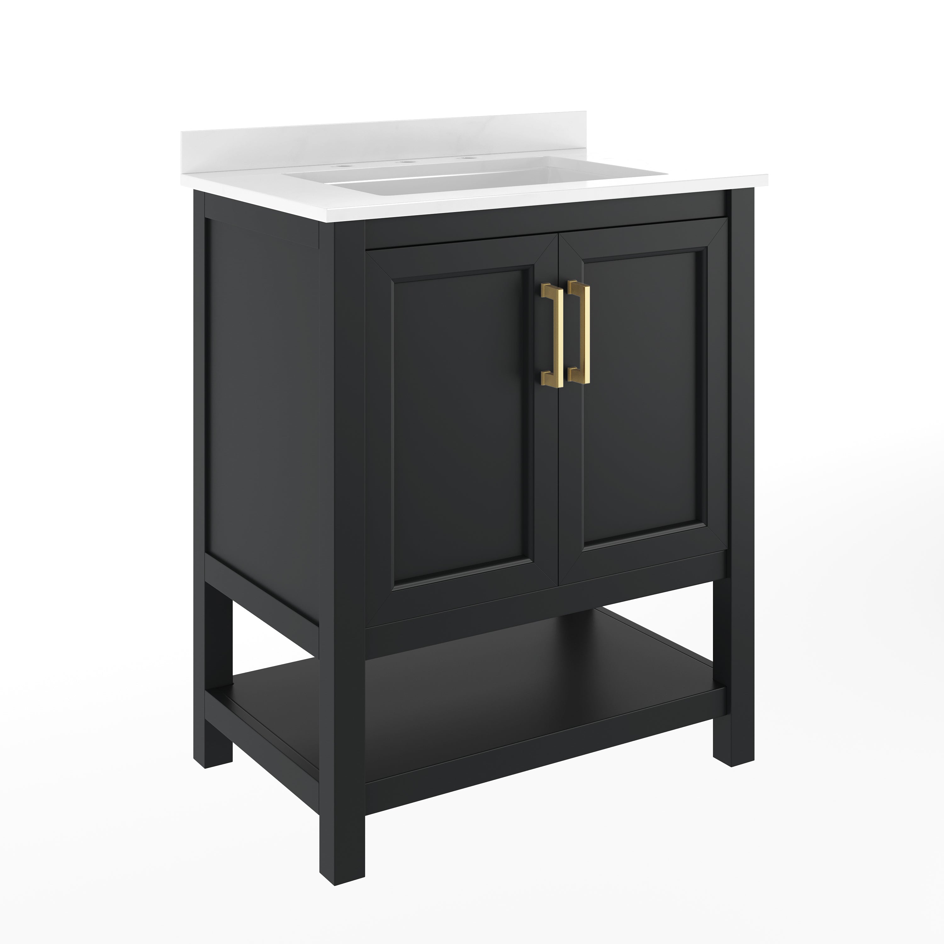 Vega 30" Bathroom Vanity with Sink, Storage Cabinet with Soft Close Doors & Open Shelf, Carrara Marble Finish Counter & Gold Hardware, Black/White