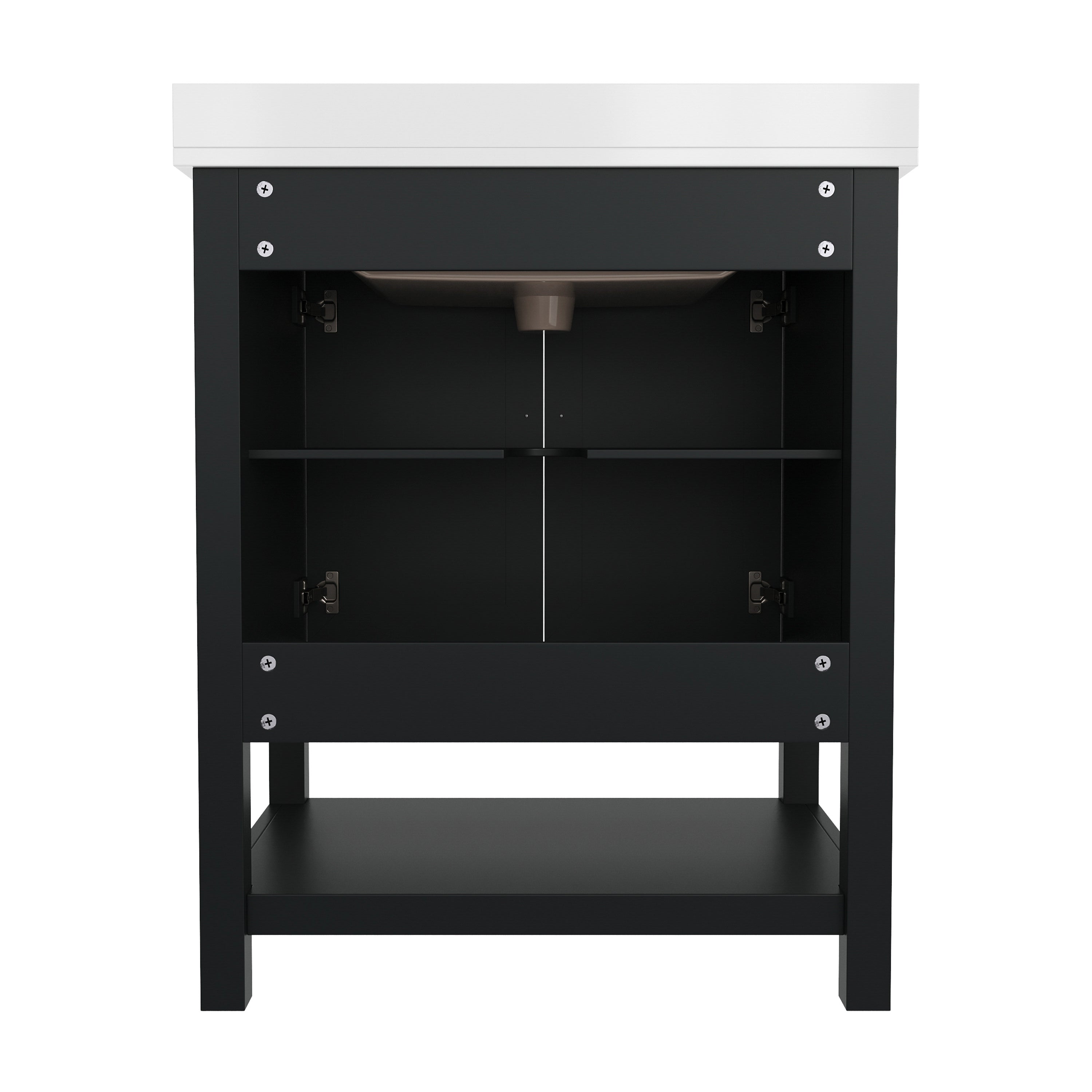 Vega 30" Bathroom Vanity with Sink, Storage Cabinet with Soft Close Doors & Open Shelf, Carrara Marble Finish Counter & Gold Hardware, Black/White