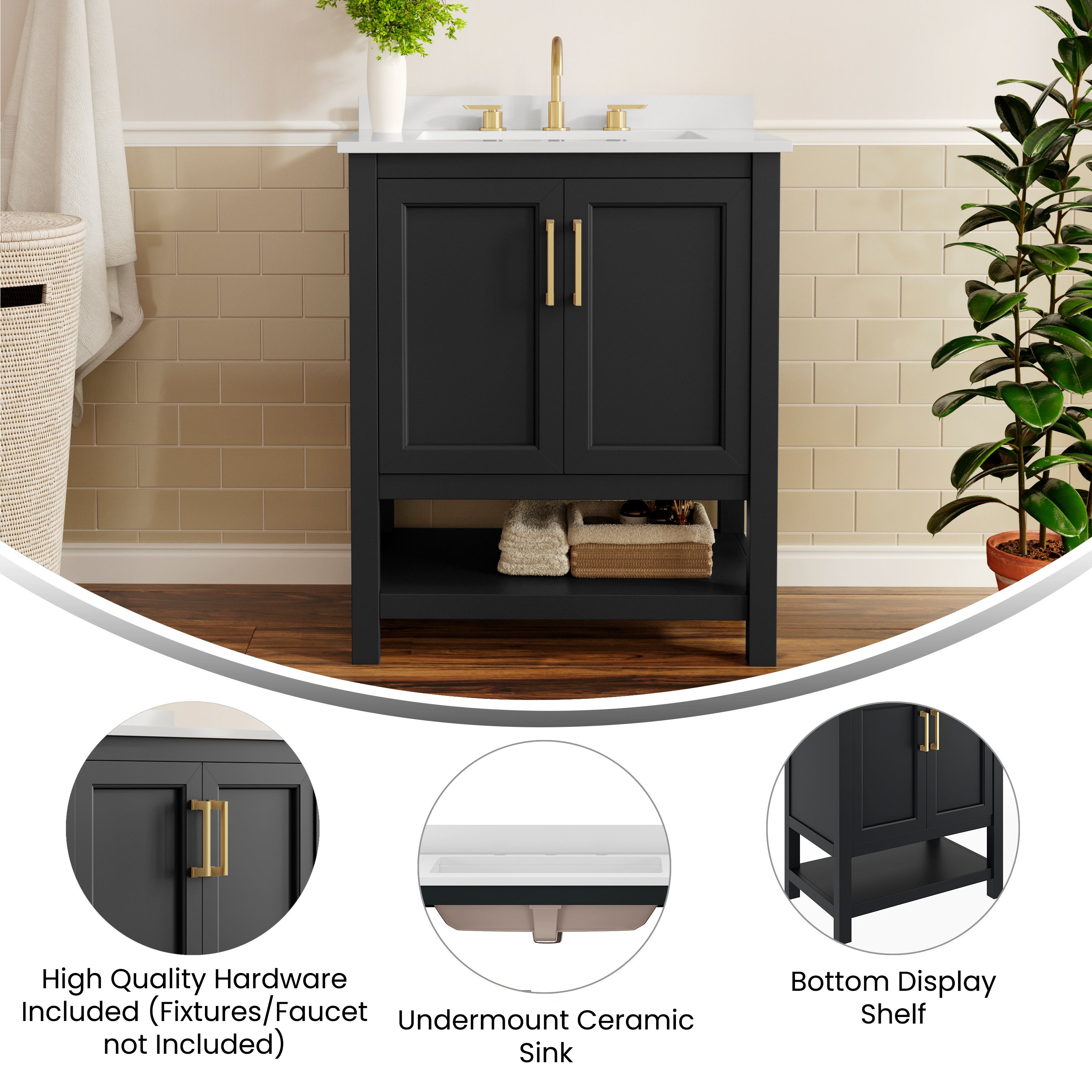 Vega 30" Bathroom Vanity with Sink, Storage Cabinet with Soft Close Doors & Open Shelf, Carrara Marble Finish Counter & Gold Hardware, Black/White