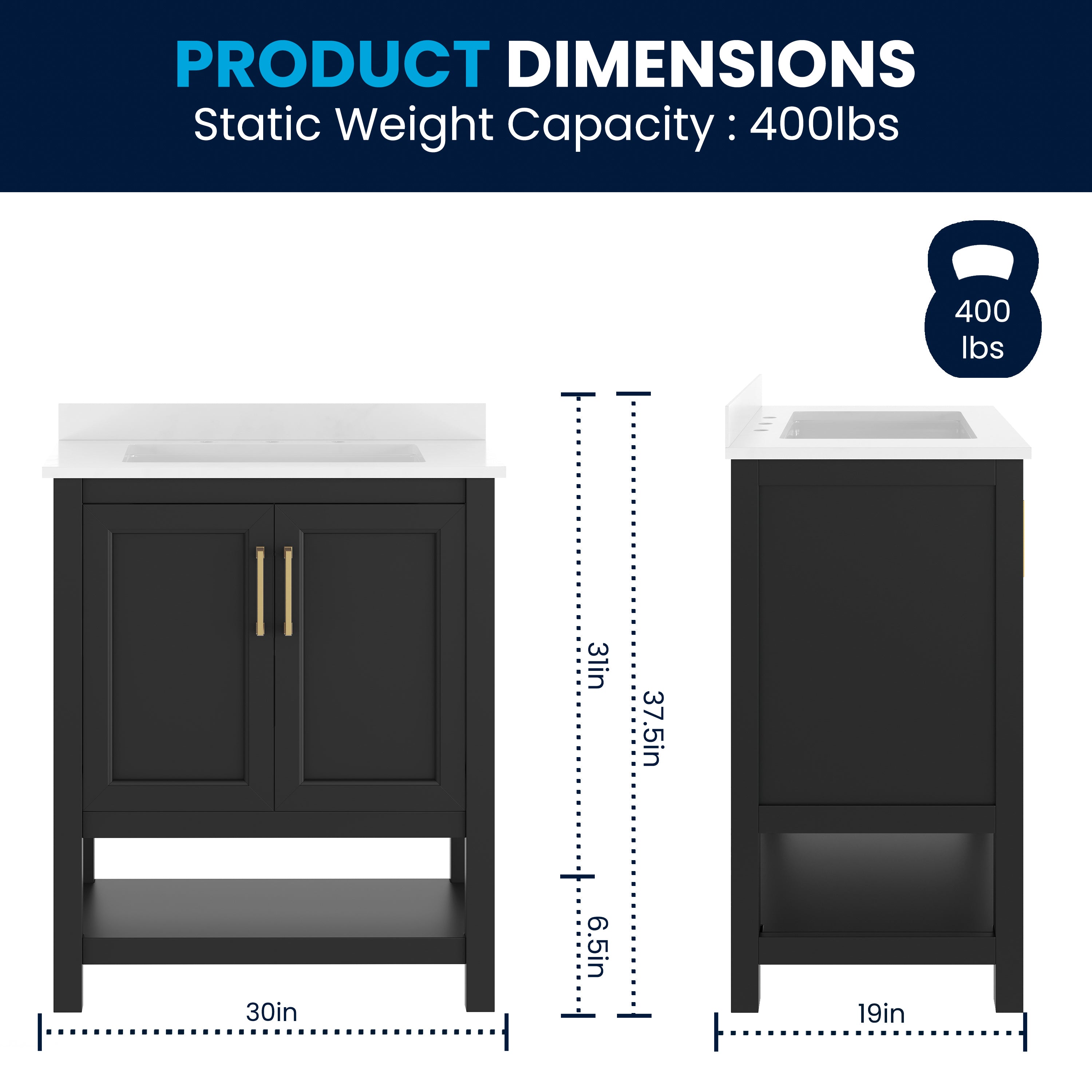Vega 30" Bathroom Vanity with Sink, Storage Cabinet with Soft Close Doors & Open Shelf, Carrara Marble Finish Counter & Gold Hardware, Black/White