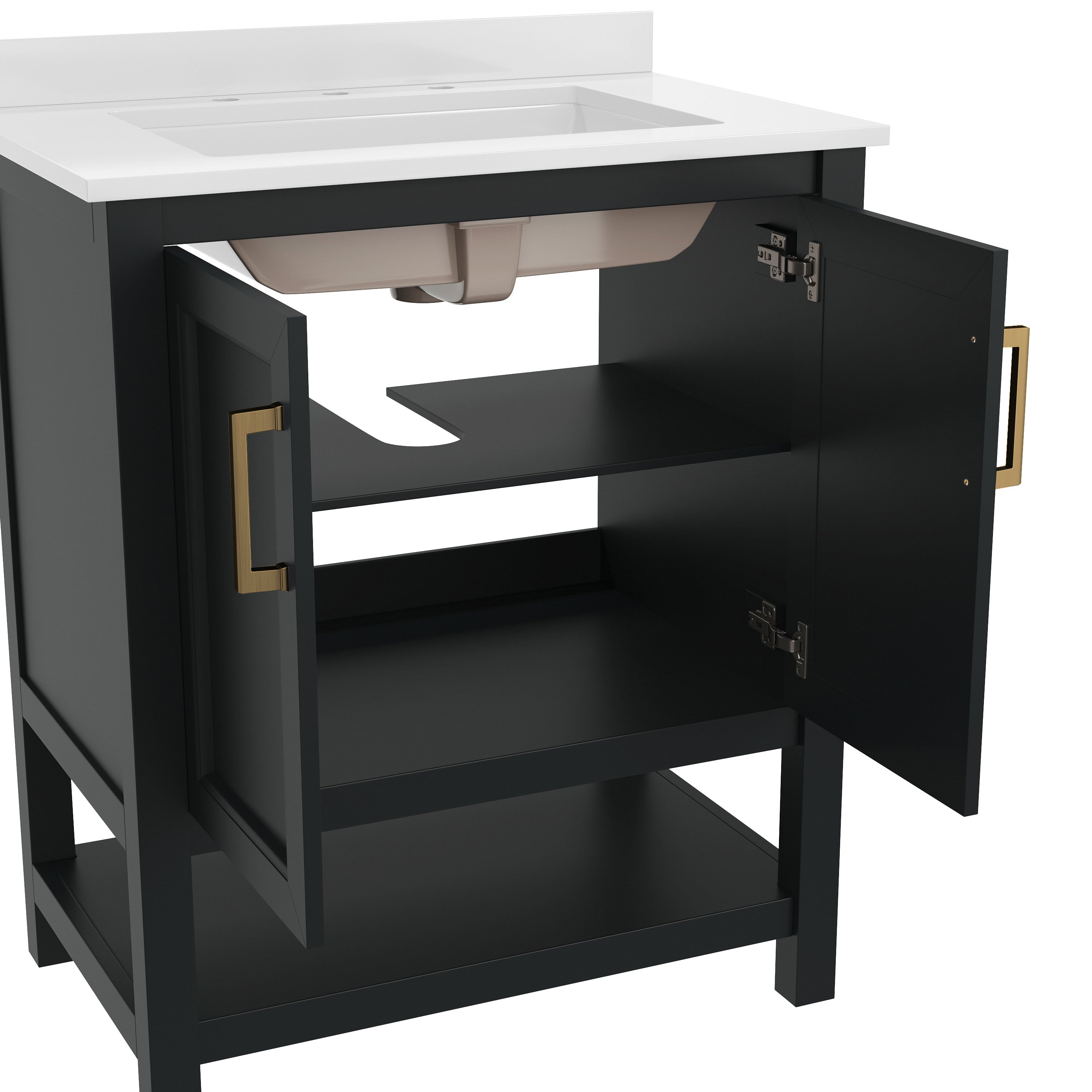 Vega 30" Bathroom Vanity with Sink, Storage Cabinet with Soft Close Doors & Open Shelf, Carrara Marble Finish Counter & Gold Hardware, Black/White