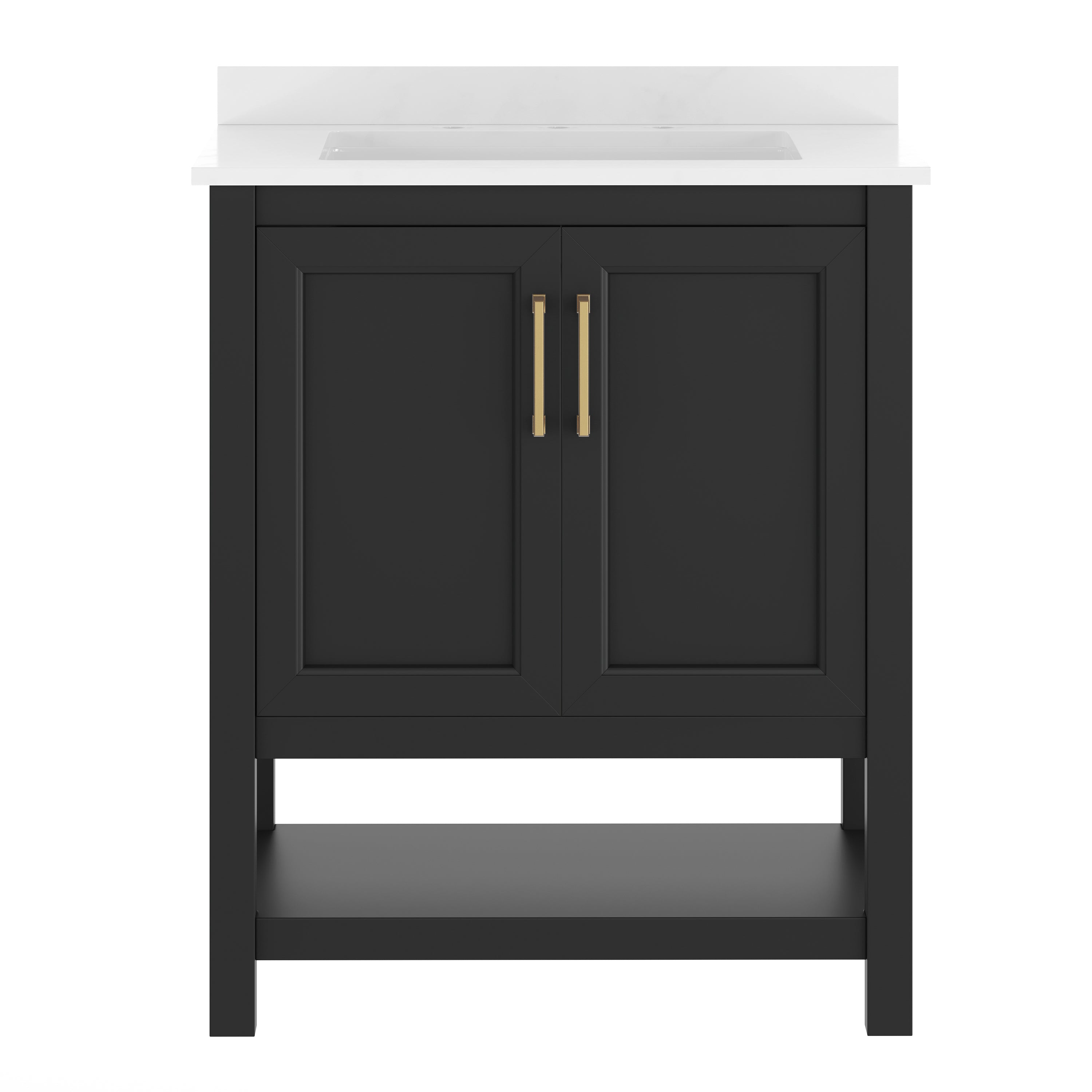 Vega 30" Bathroom Vanity with Sink, Storage Cabinet with Soft Close Doors & Open Shelf, Carrara Marble Finish Counter & Gold Hardware, Black/White