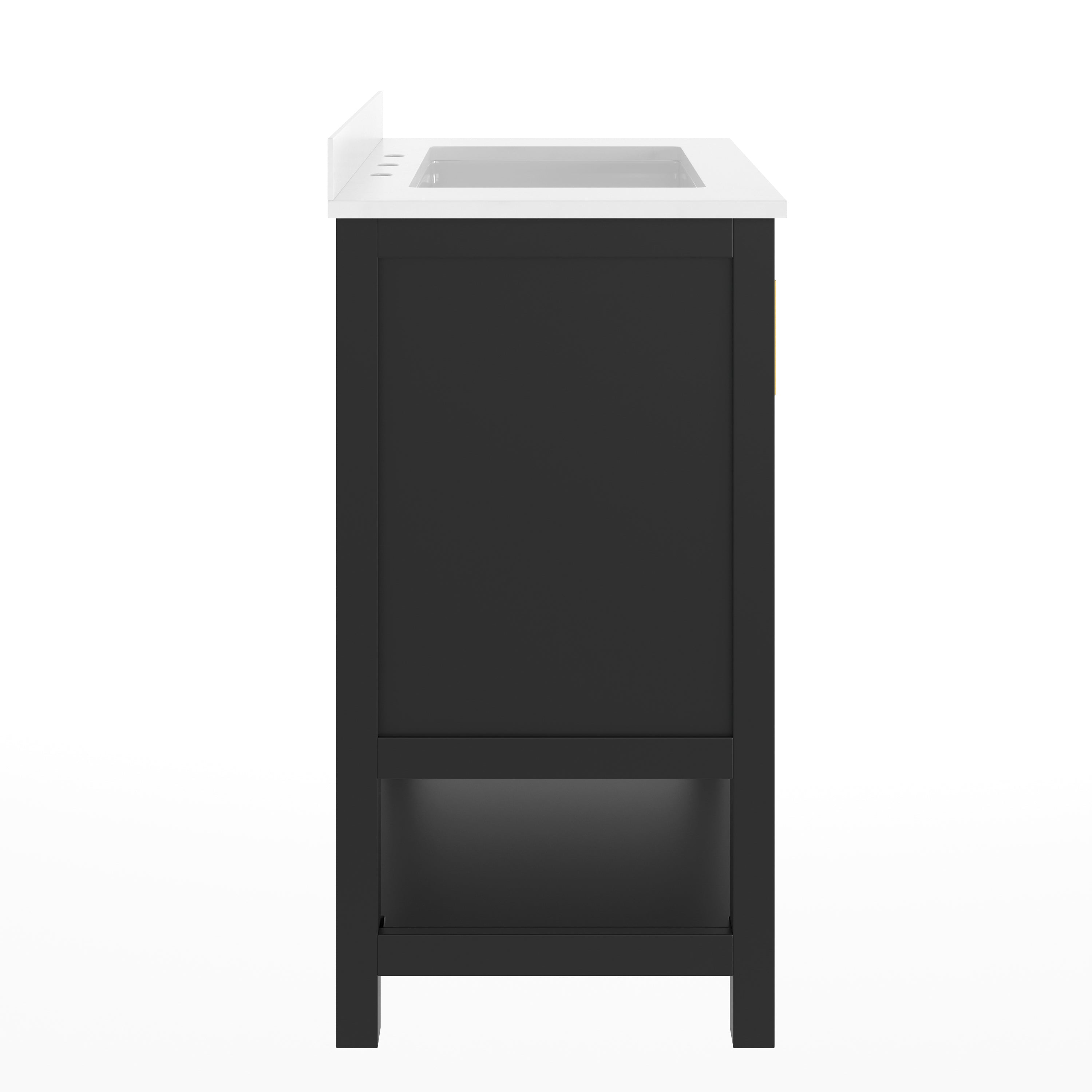 Vega 30" Bathroom Vanity with Sink, Storage Cabinet with Soft Close Doors & Open Shelf, Carrara Marble Finish Counter & Gold Hardware, Black/White