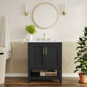 Vega 30" Bathroom Vanity with Sink, Storage Cabinet with Soft Close Doors & Open Shelf, Carrara Marble Finish Counter & Gold Hardware, Black/White