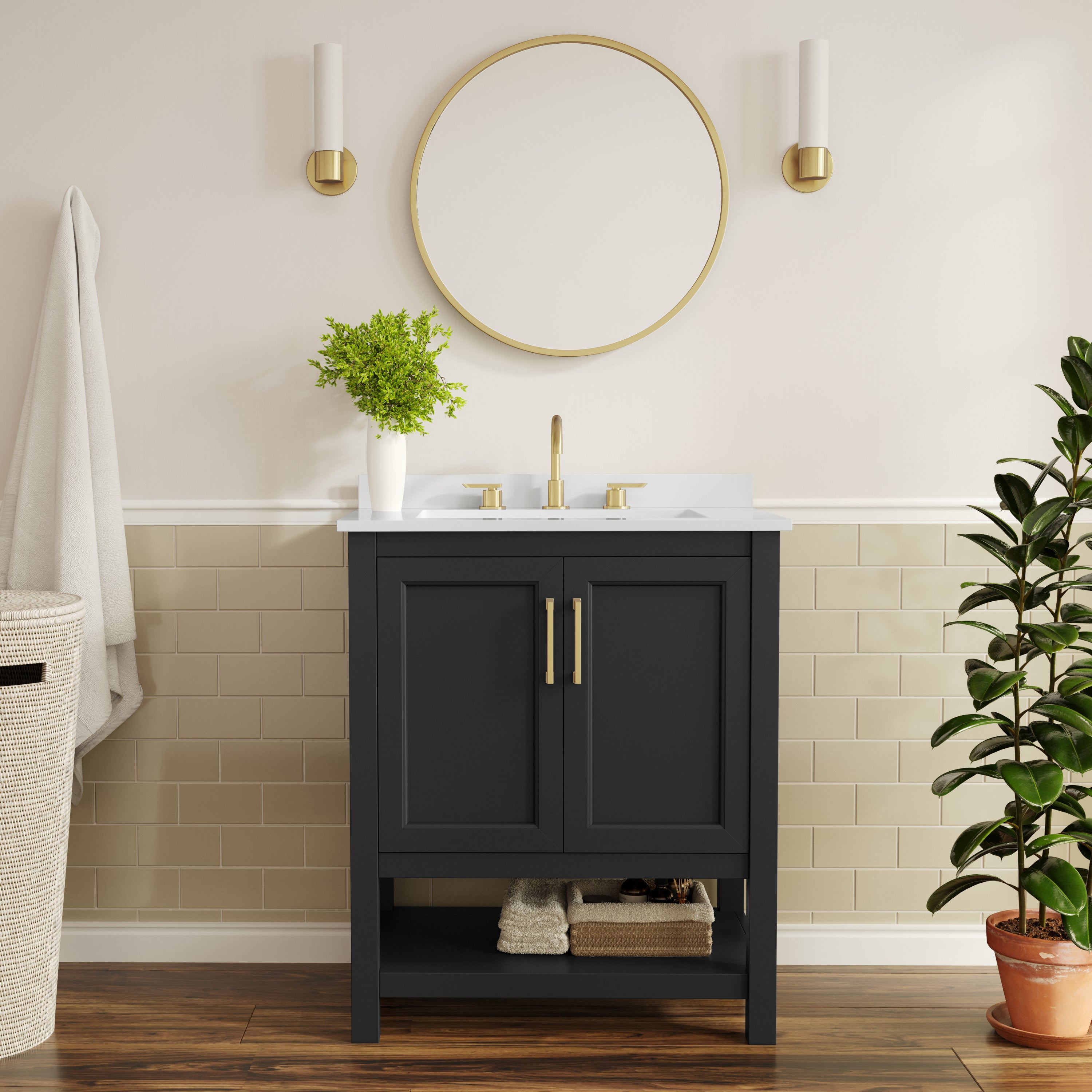 Vega 30" Bathroom Vanity with Sink, Storage Cabinet with Soft Close Doors & Open Shelf, Carrara Marble Finish Counter & Gold Hardware, Black/White