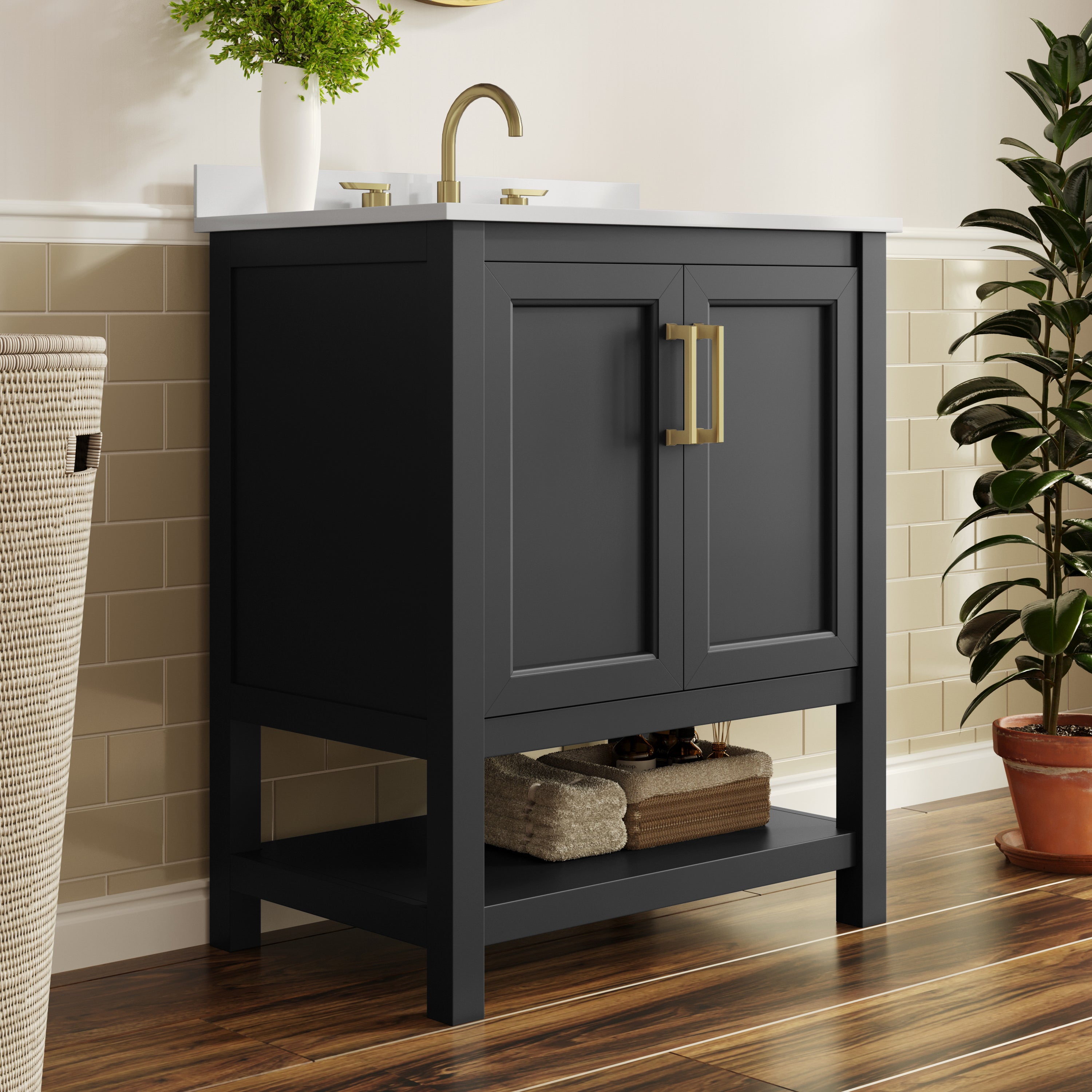 Vega 30" Bathroom Vanity with Sink, Storage Cabinet with Soft Close Doors & Open Shelf, Carrara Marble Finish Counter & Gold Hardware, Black/White