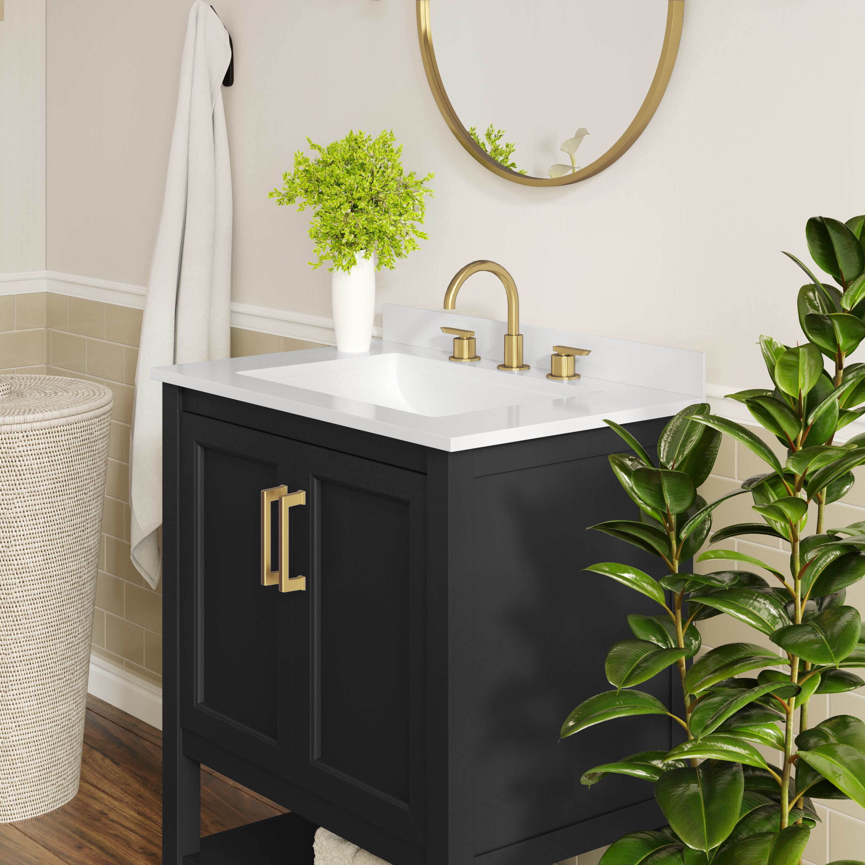 Vega 30" Bathroom Vanity with Sink, Storage Cabinet with Soft Close Doors & Open Shelf, Carrara Marble Finish Counter & Gold Hardware, Black/White
