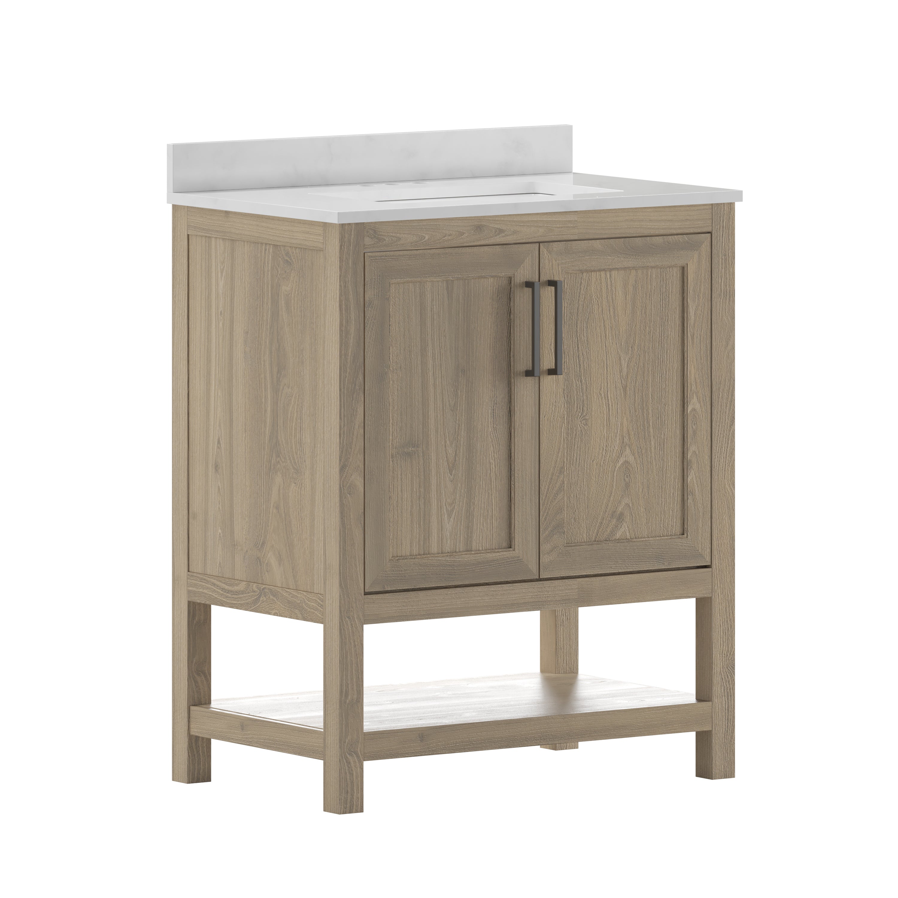 Vega 30 Inch Bathroom Vanity with Sink Combo, Storage Cabinet with Soft Close Doors and Open Shelf, Carrara Marble Finish Countertop, Brown/White