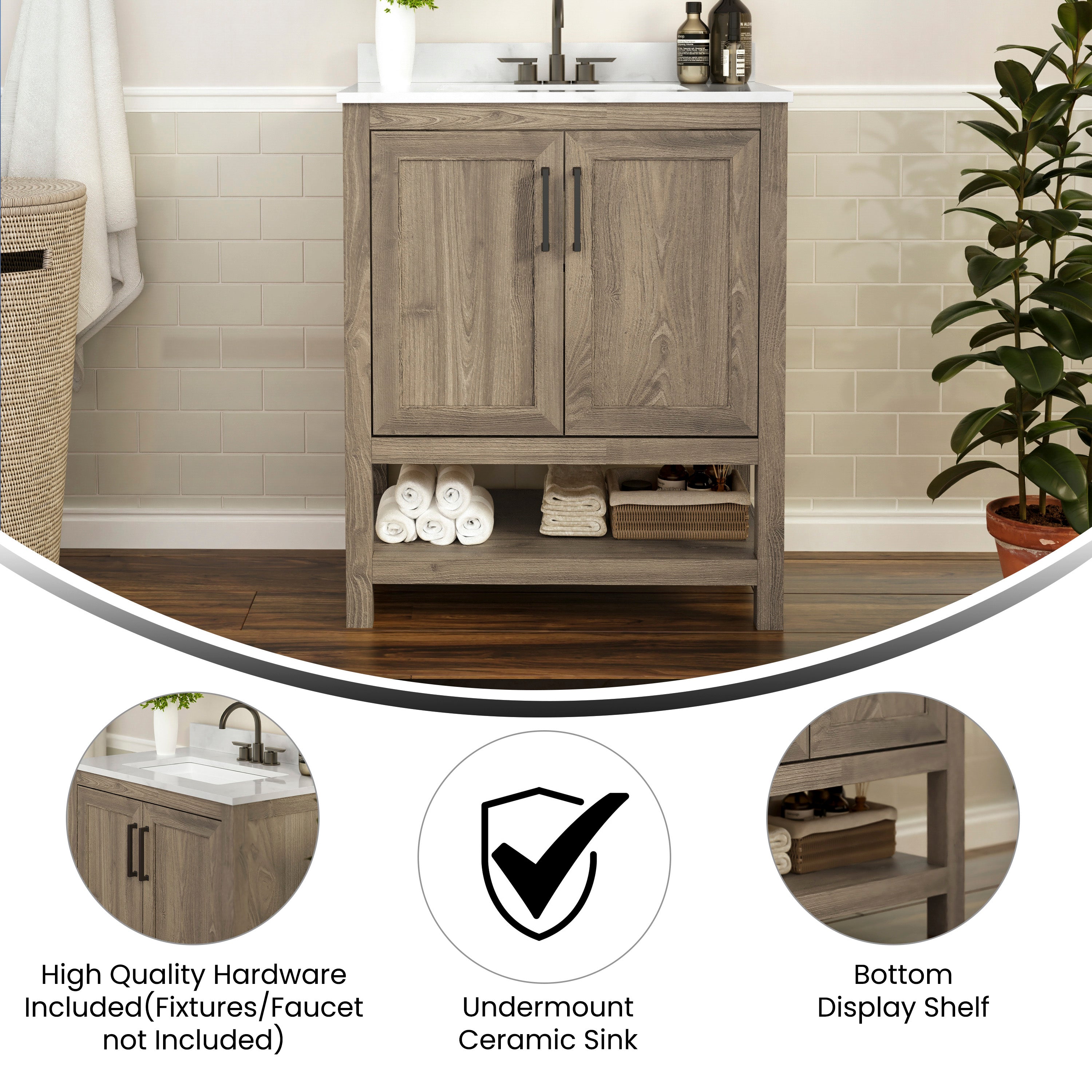 Vega 30 Inch Bathroom Vanity with Sink Combo, Storage Cabinet with Soft Close Doors and Open Shelf, Carrara Marble Finish Countertop, Brown/White