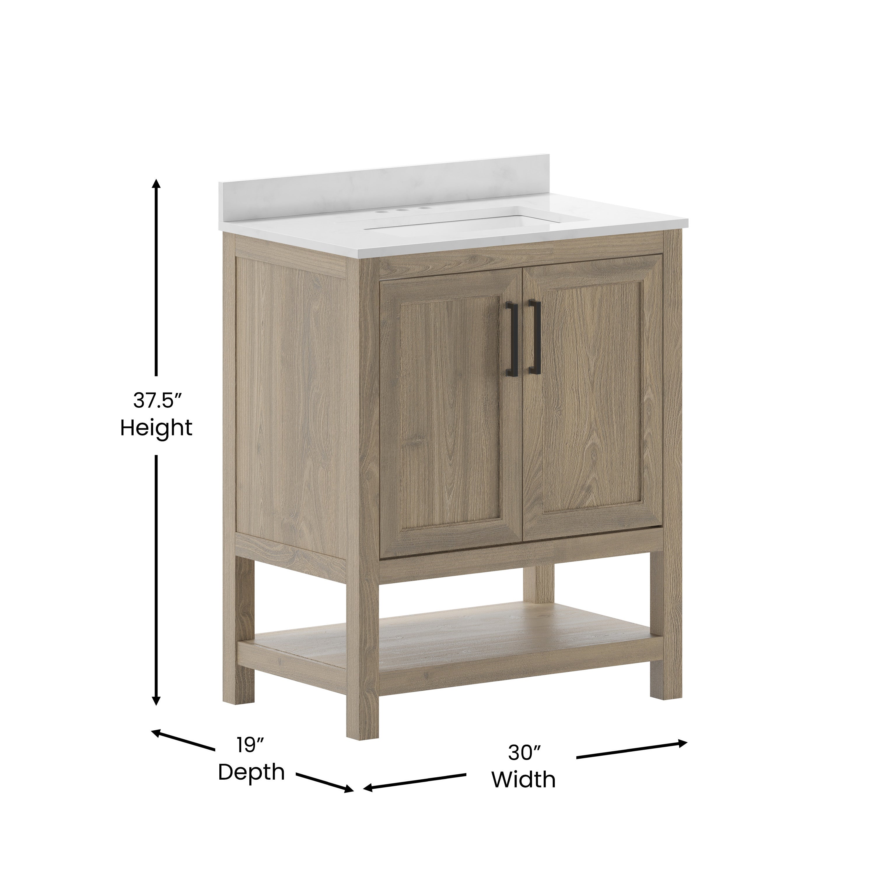 Vega 30 Inch Bathroom Vanity with Sink Combo, Storage Cabinet with Soft Close Doors and Open Shelf, Carrara Marble Finish Countertop, Brown/White
