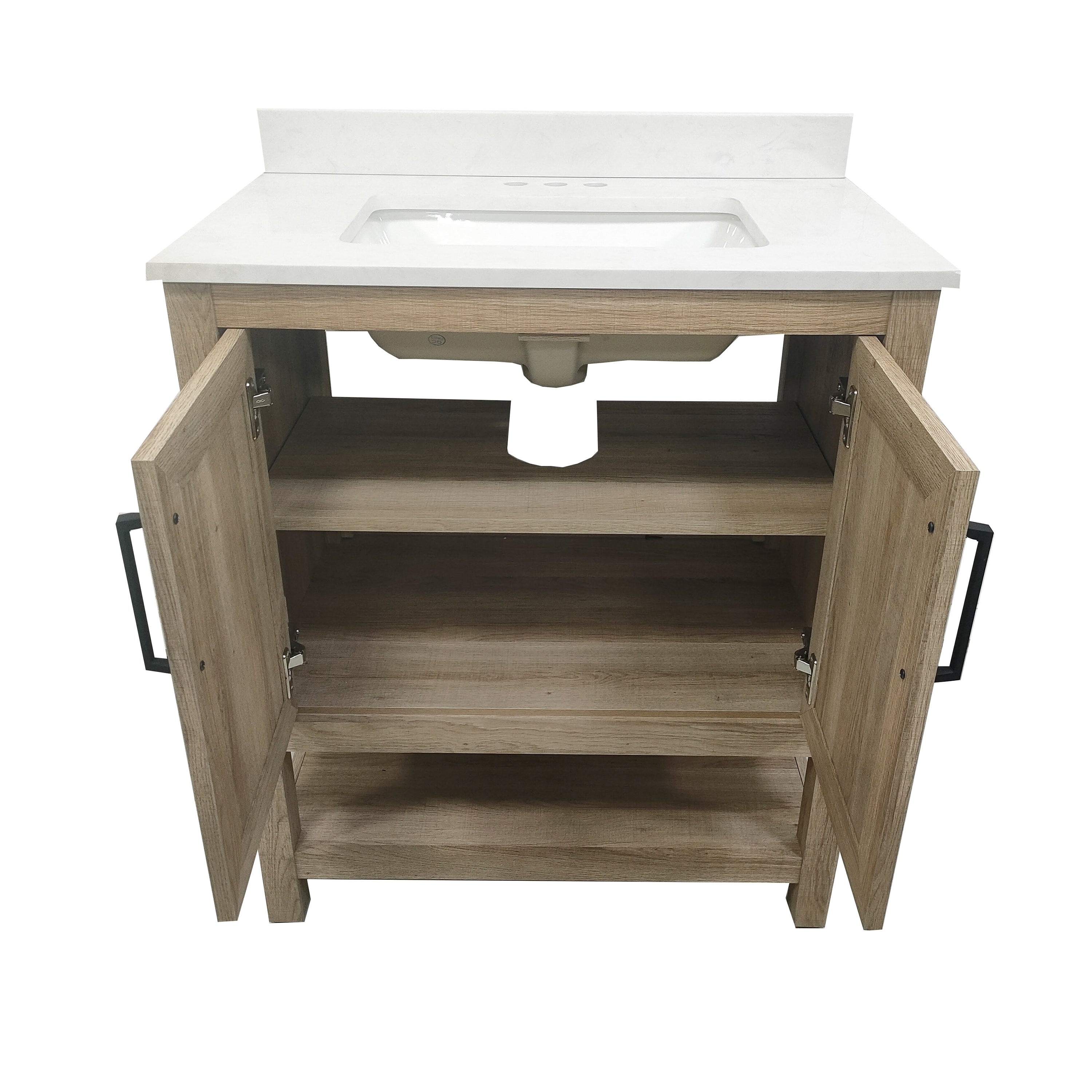 Vega 30 Inch Bathroom Vanity with Sink Combo, Storage Cabinet with Soft Close Doors and Open Shelf, Carrara Marble Finish Countertop, Brown/White