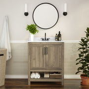 Vega 30 Inch Bathroom Vanity with Sink Combo, Storage Cabinet with Soft Close Doors and Open Shelf, Carrara Marble Finish Countertop, Brown/White