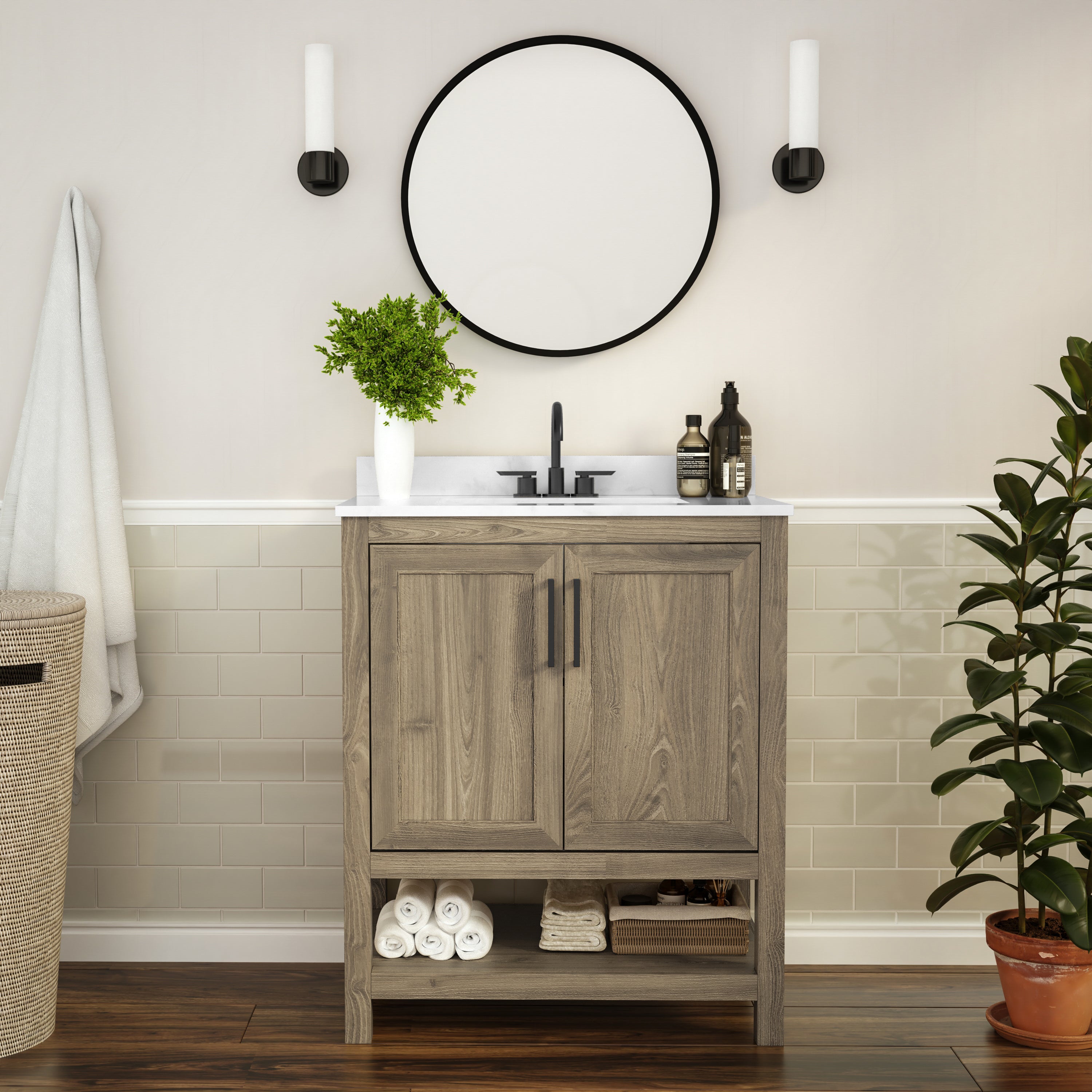 Vega 30 Inch Bathroom Vanity with Sink Combo, Storage Cabinet with Soft Close Doors and Open Shelf, Carrara Marble Finish Countertop, Brown/White