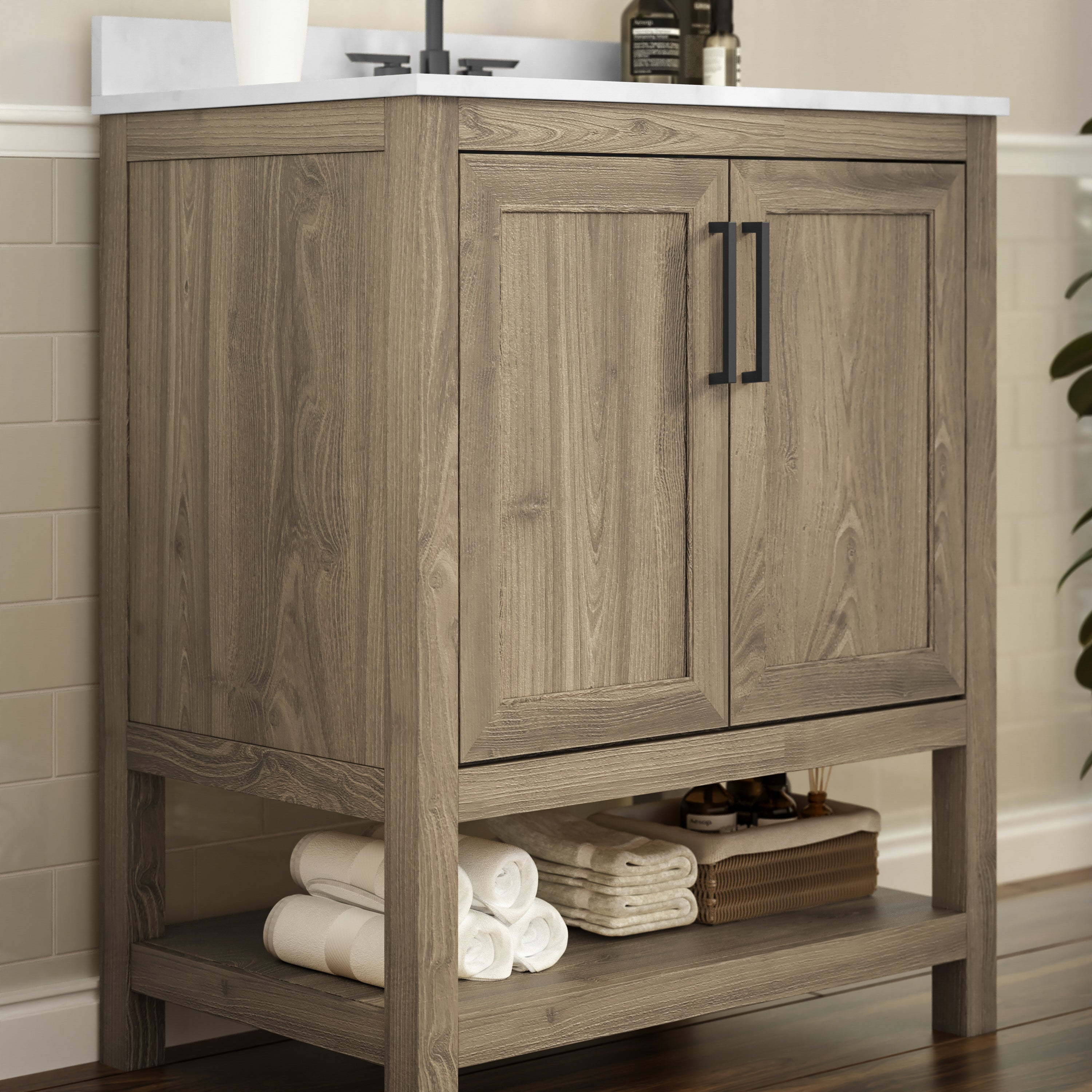 Vega 30 Inch Bathroom Vanity with Sink Combo, Storage Cabinet with Soft Close Doors and Open Shelf, Carrara Marble Finish Countertop, Brown/White