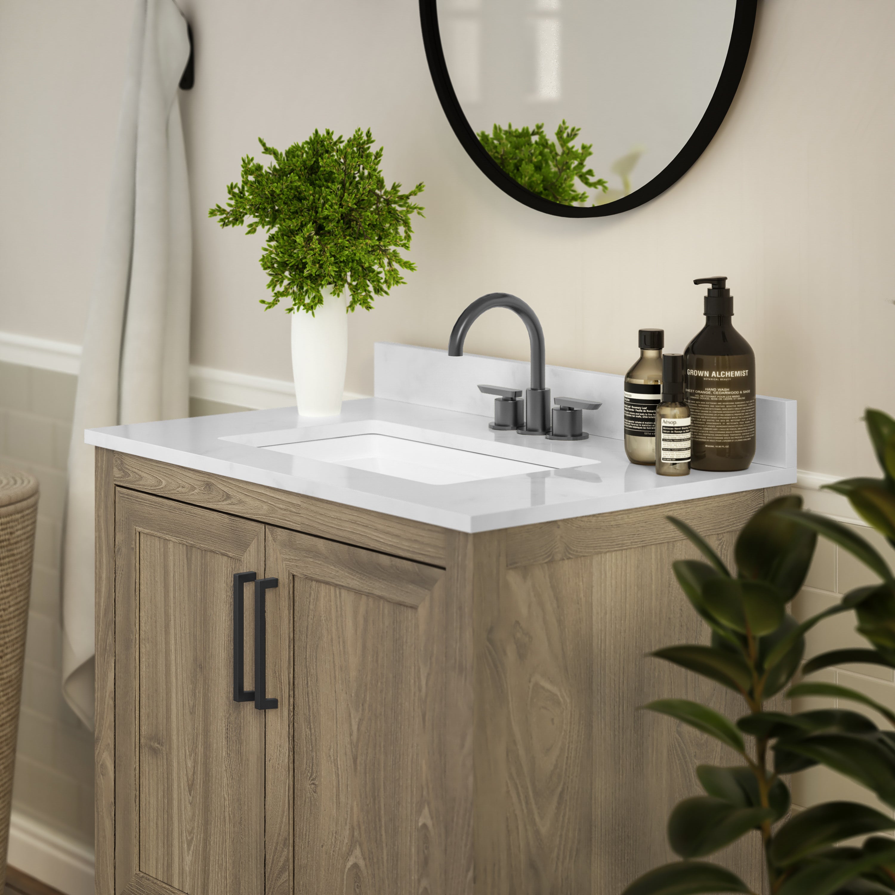 Vega 30 Inch Bathroom Vanity with Sink Combo, Storage Cabinet with Soft Close Doors and Open Shelf, Carrara Marble Finish Countertop, Brown/White