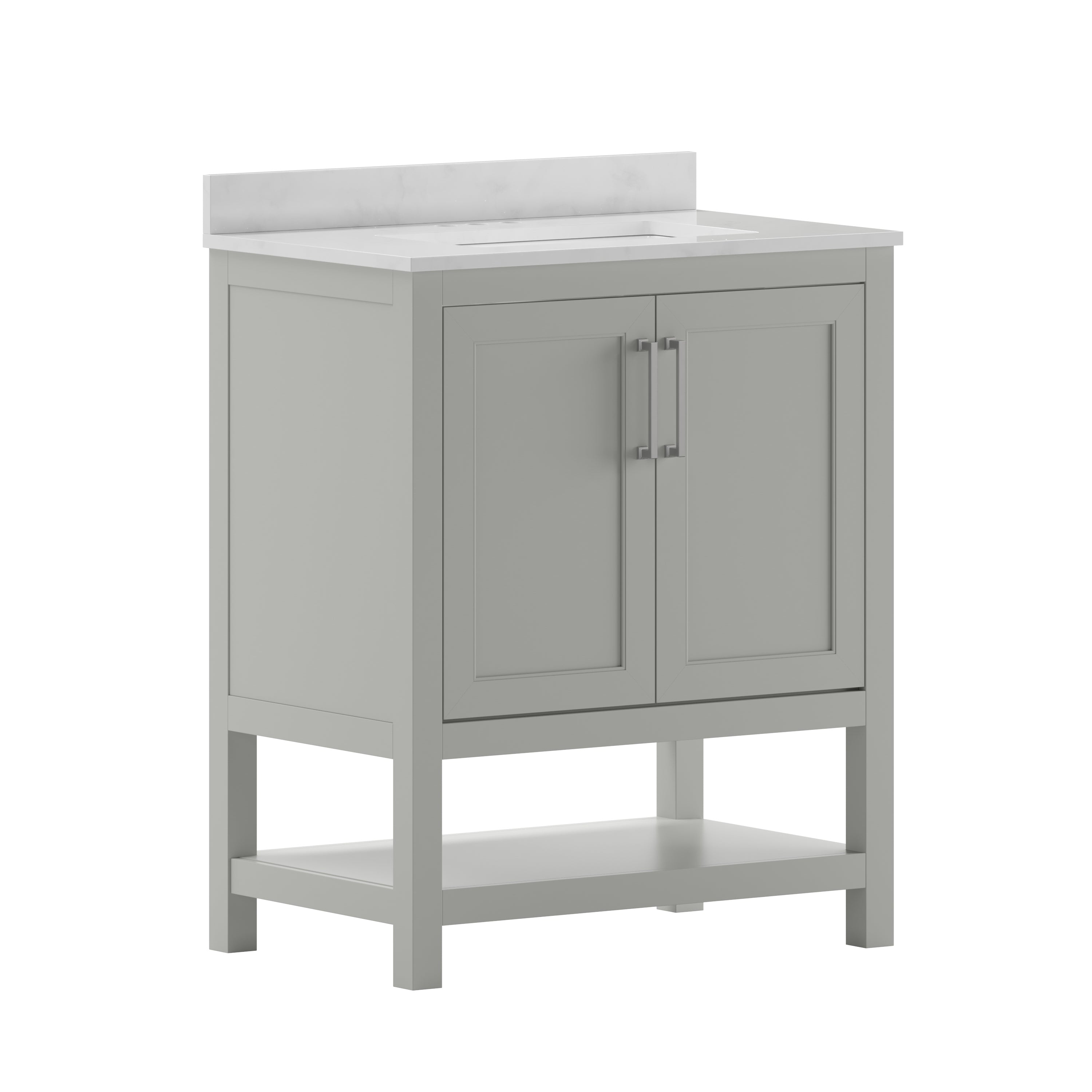 Vega 30 Inch Bathroom Vanity with Sink Combo, Storage Cabinet with Soft Close Doors and Open Shelf, Carrara Marble Finish Countertop, Gray/White