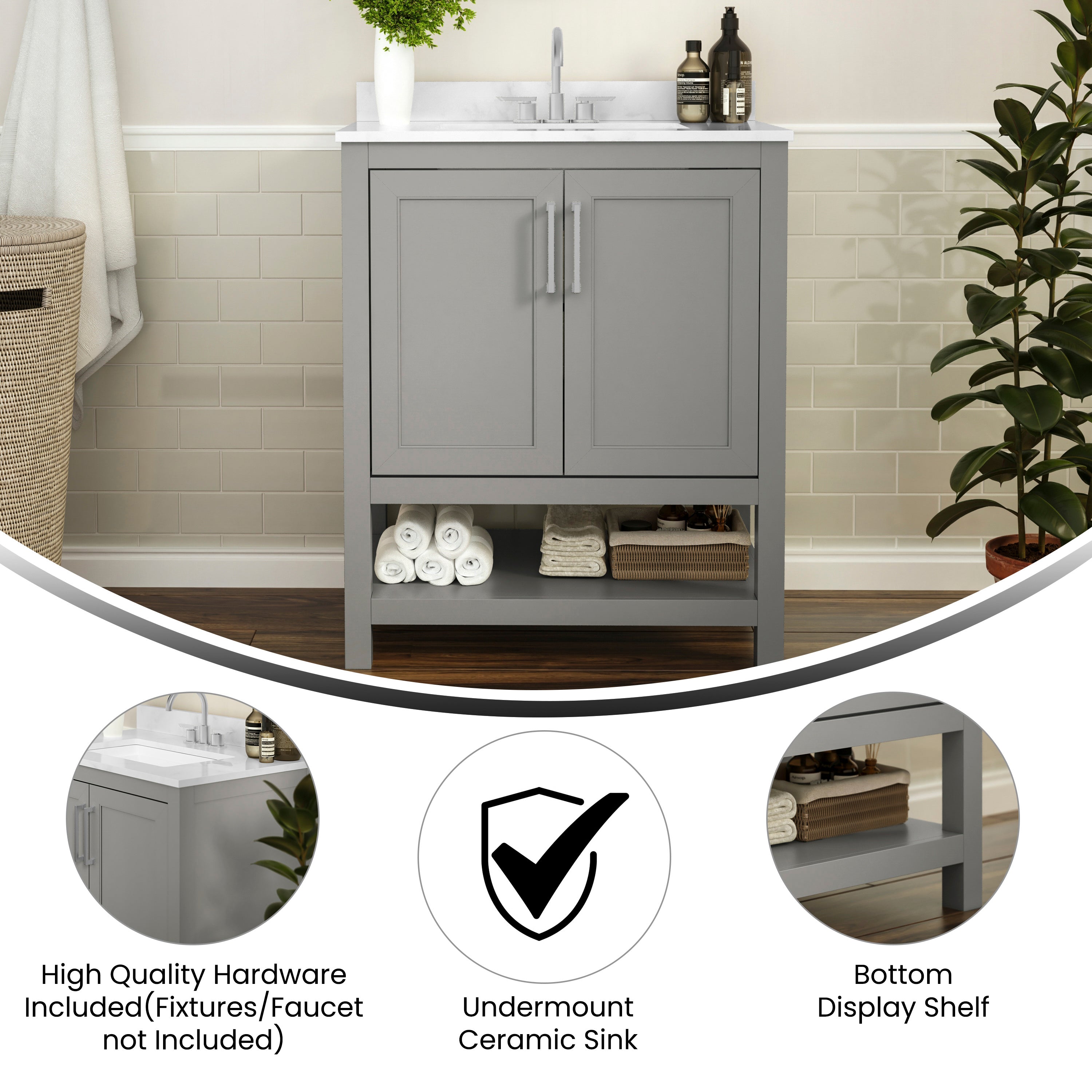 Vega 30 Inch Bathroom Vanity with Sink Combo, Storage Cabinet with Soft Close Doors and Open Shelf, Carrara Marble Finish Countertop, Gray/White