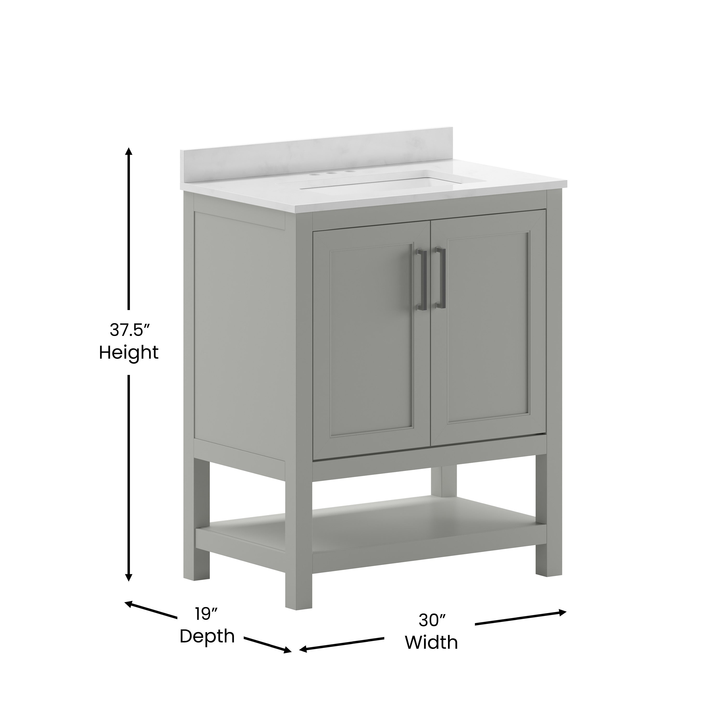 Vega 30 Inch Bathroom Vanity with Sink Combo, Storage Cabinet with Soft Close Doors and Open Shelf, Carrara Marble Finish Countertop, Gray/White