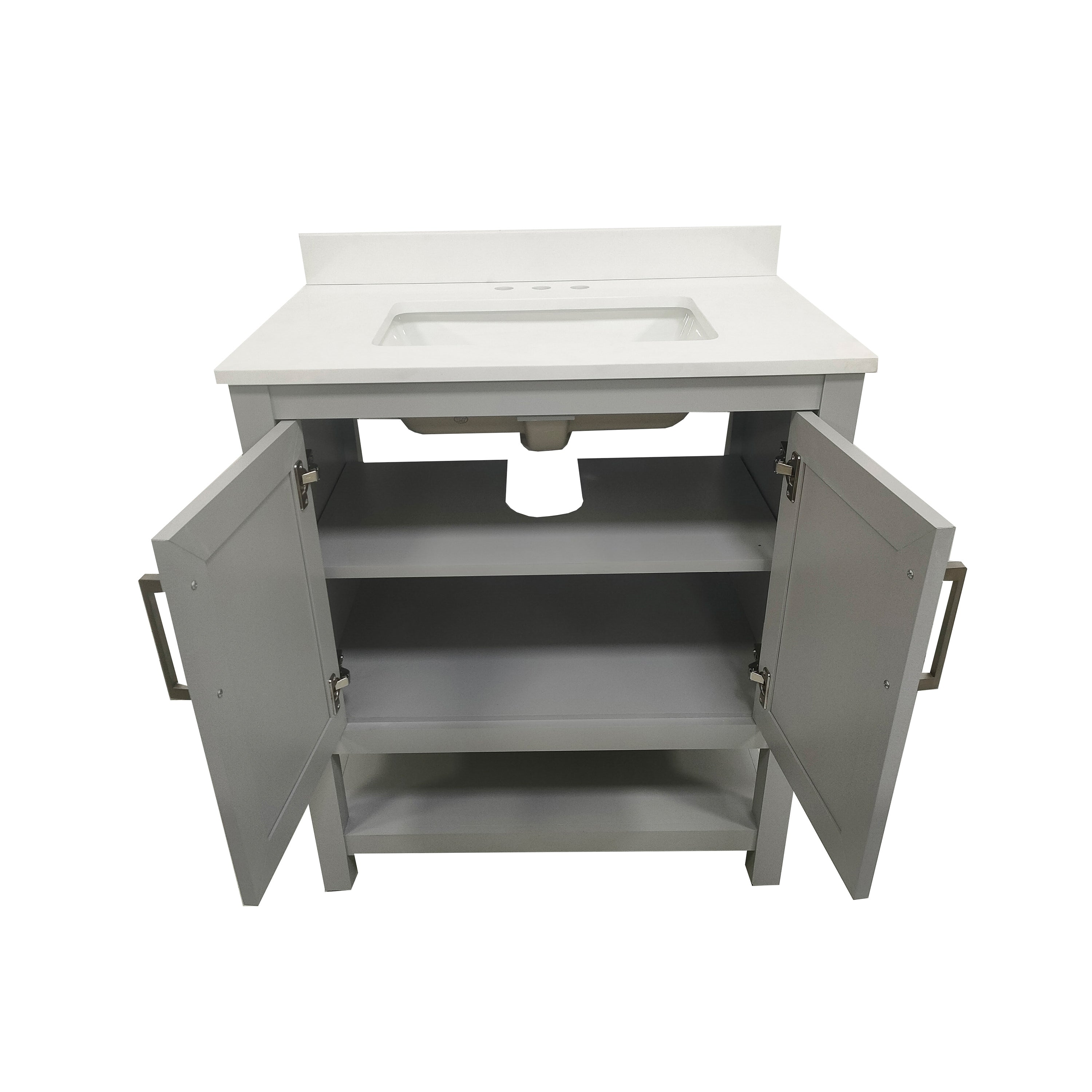 Vega 30 Inch Bathroom Vanity with Sink Combo, Storage Cabinet with Soft Close Doors and Open Shelf, Carrara Marble Finish Countertop, Gray/White