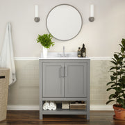 Vega 30 Inch Bathroom Vanity with Sink Combo, Storage Cabinet with Soft Close Doors and Open Shelf, Carrara Marble Finish Countertop, Gray/White