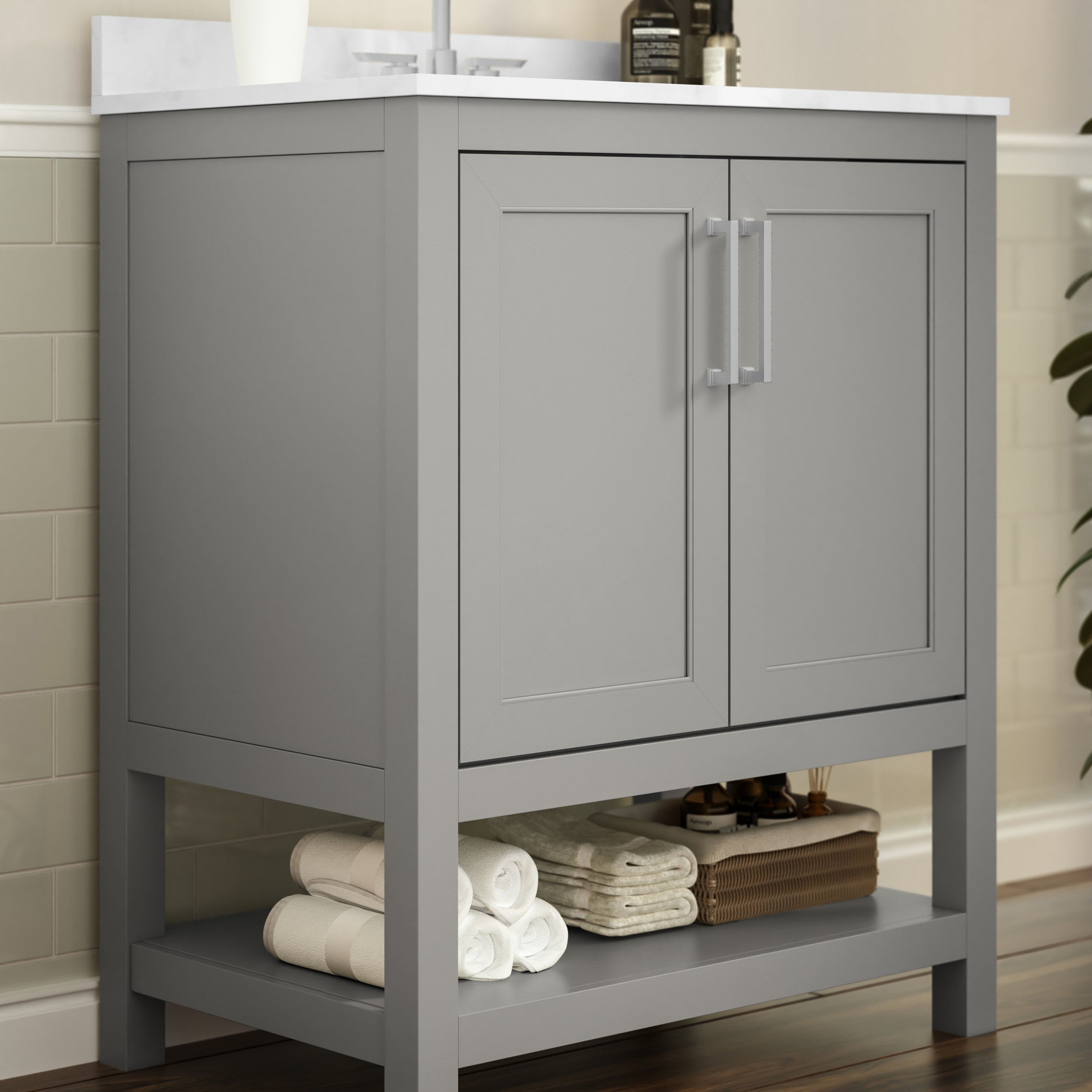 Vega 30 Inch Bathroom Vanity with Sink Combo, Storage Cabinet with Soft Close Doors and Open Shelf, Carrara Marble Finish Countertop, Gray/White