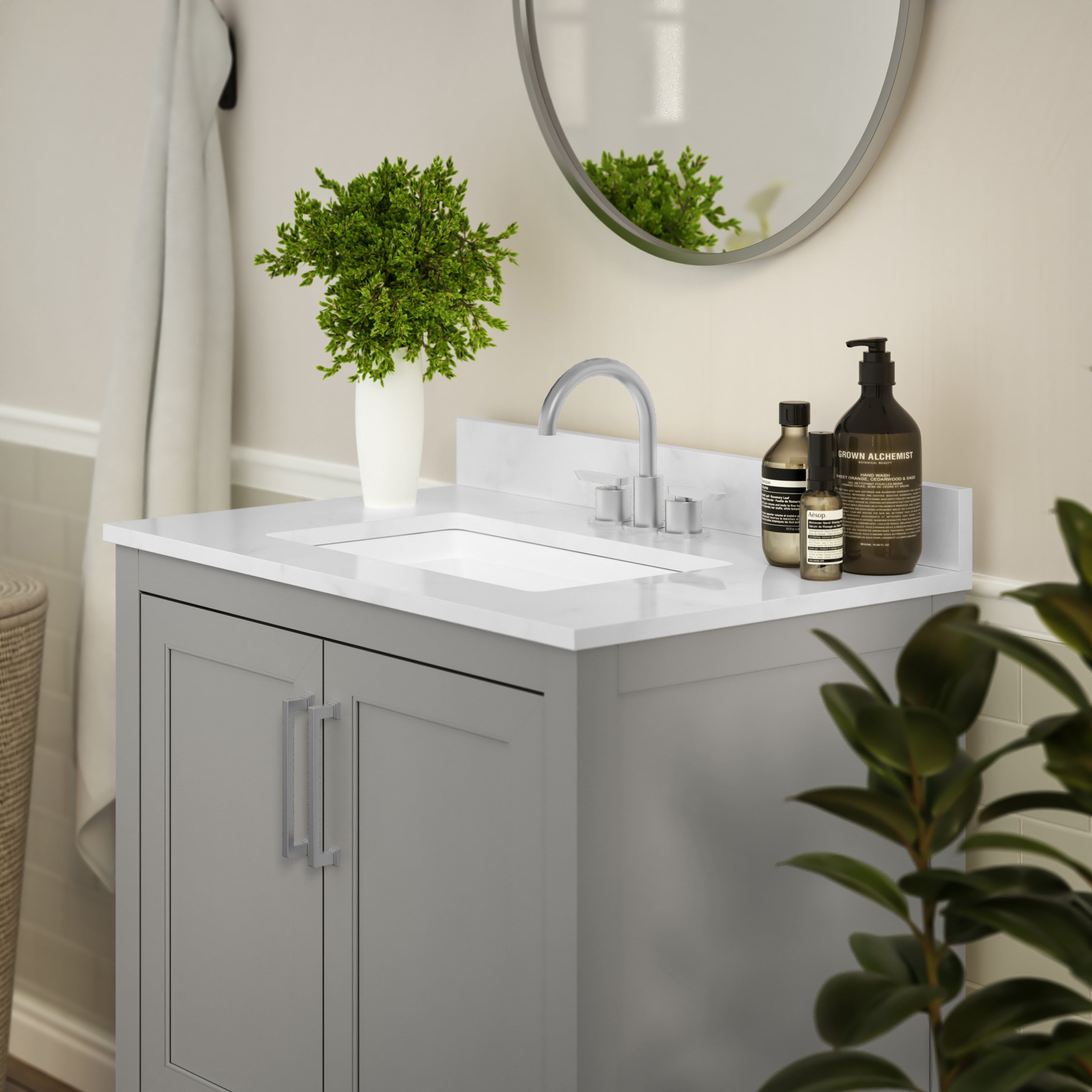 Vega 30 Inch Bathroom Vanity with Sink Combo, Storage Cabinet with Soft Close Doors and Open Shelf, Carrara Marble Finish Countertop, Gray/White