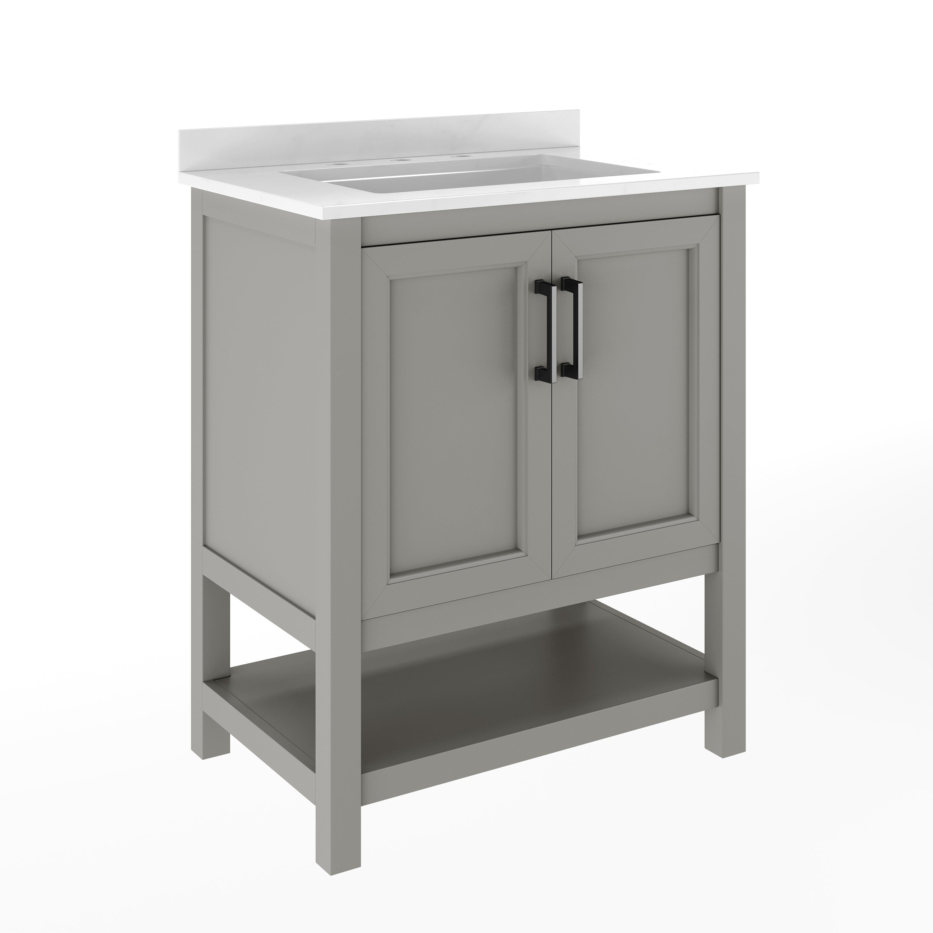 Vega 30" Bathroom Vanity with Sink, Storage Cabinet with Soft Close Doors & Open Shelf, Carrara Marble Finish Counter & Black Hardware, Gray/White
