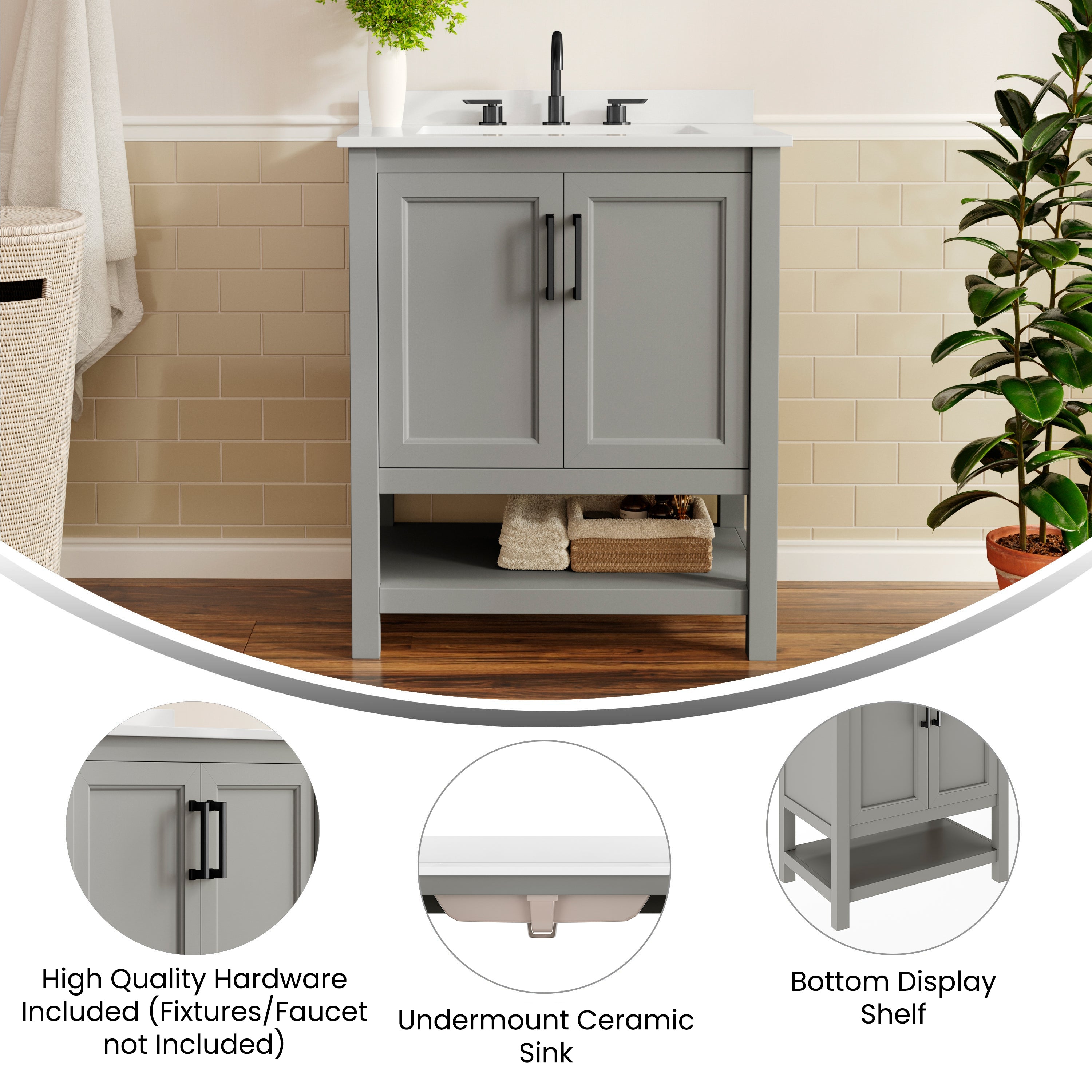 Vega 30" Bathroom Vanity with Sink, Storage Cabinet with Soft Close Doors & Open Shelf, Carrara Marble Finish Counter & Black Hardware, Gray/White