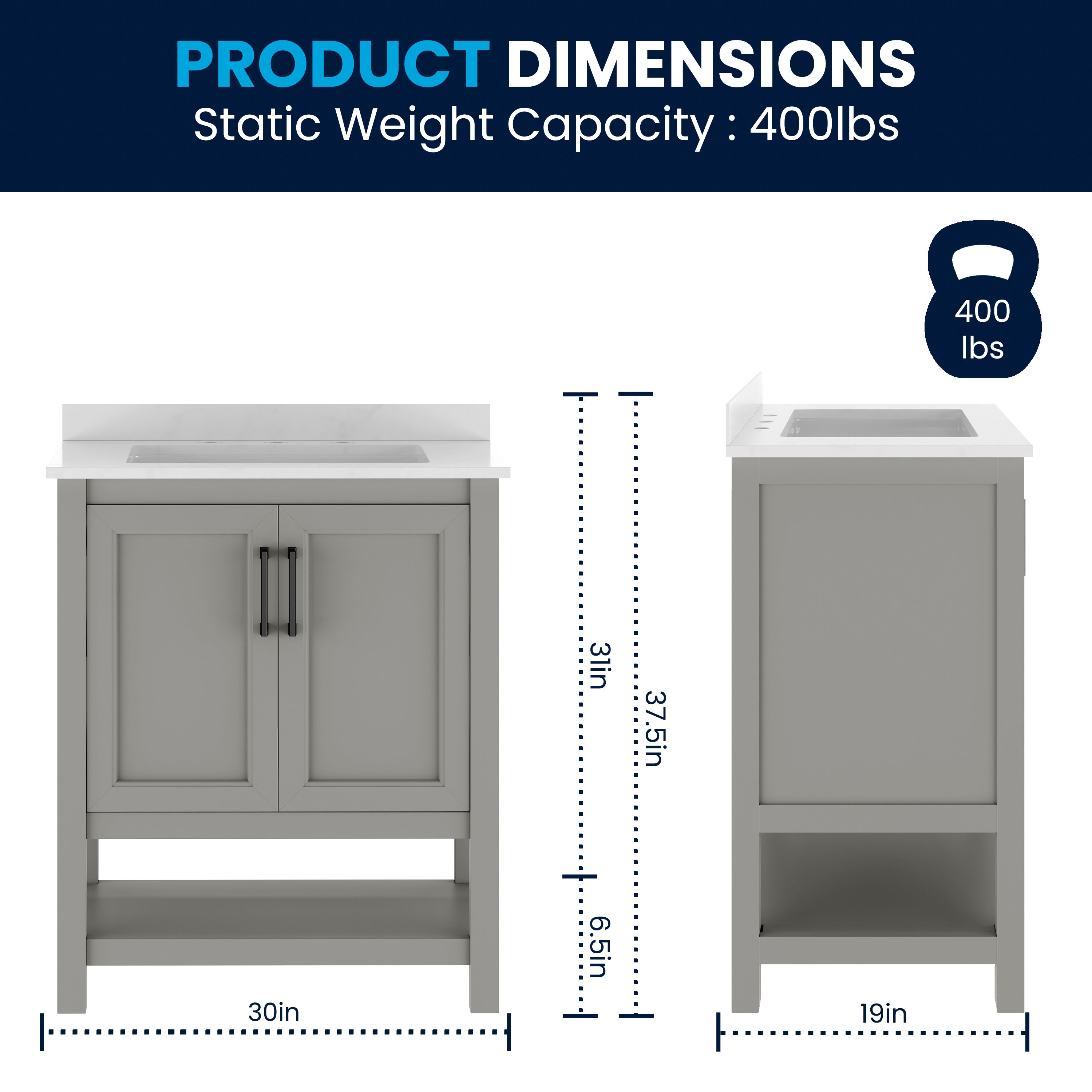 Vega 30" Bathroom Vanity with Sink, Storage Cabinet with Soft Close Doors & Open Shelf, Carrara Marble Finish Counter & Black Hardware, Gray/White