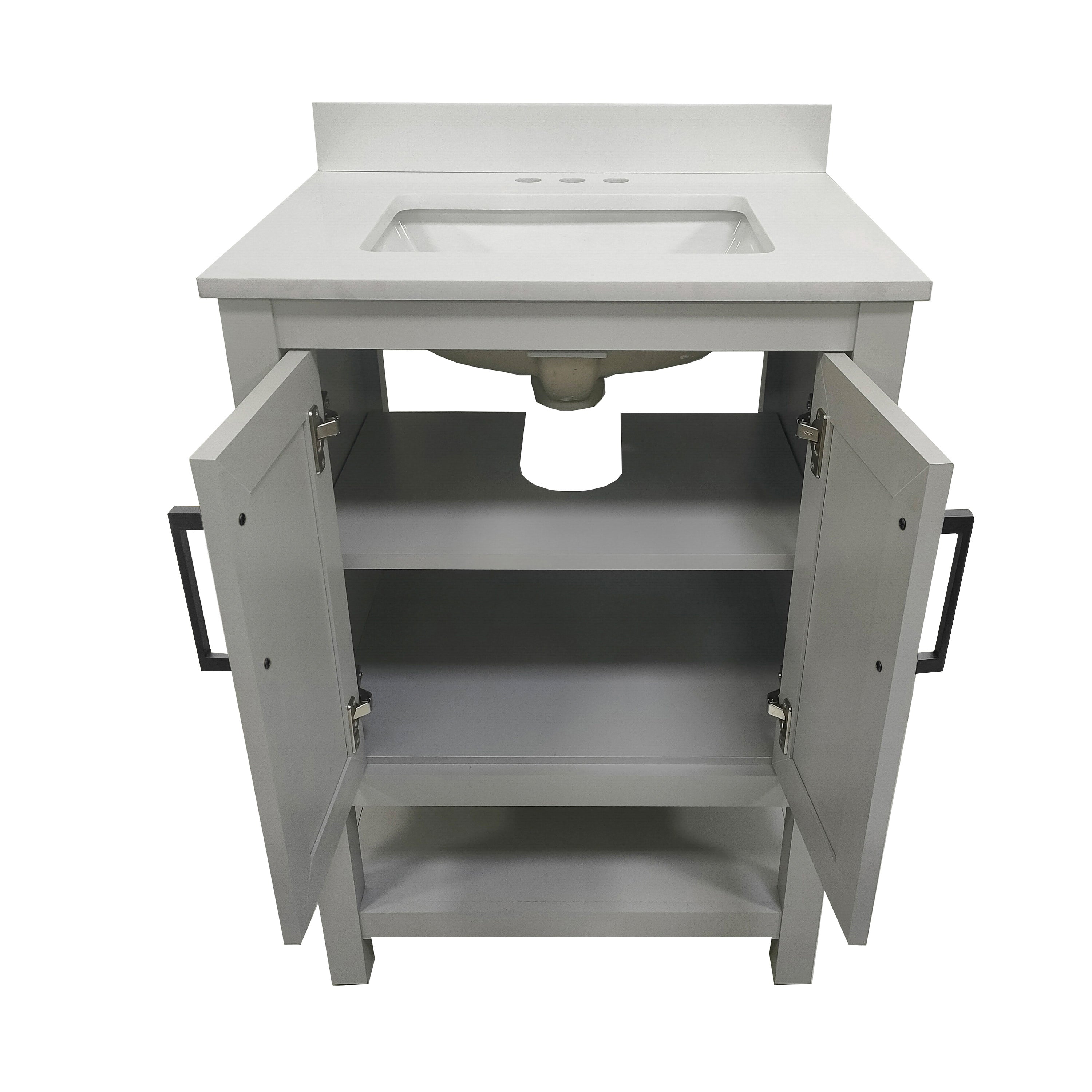 Vega 30" Bathroom Vanity with Sink, Storage Cabinet with Soft Close Doors & Open Shelf, Carrara Marble Finish Counter & Black Hardware, Gray/White