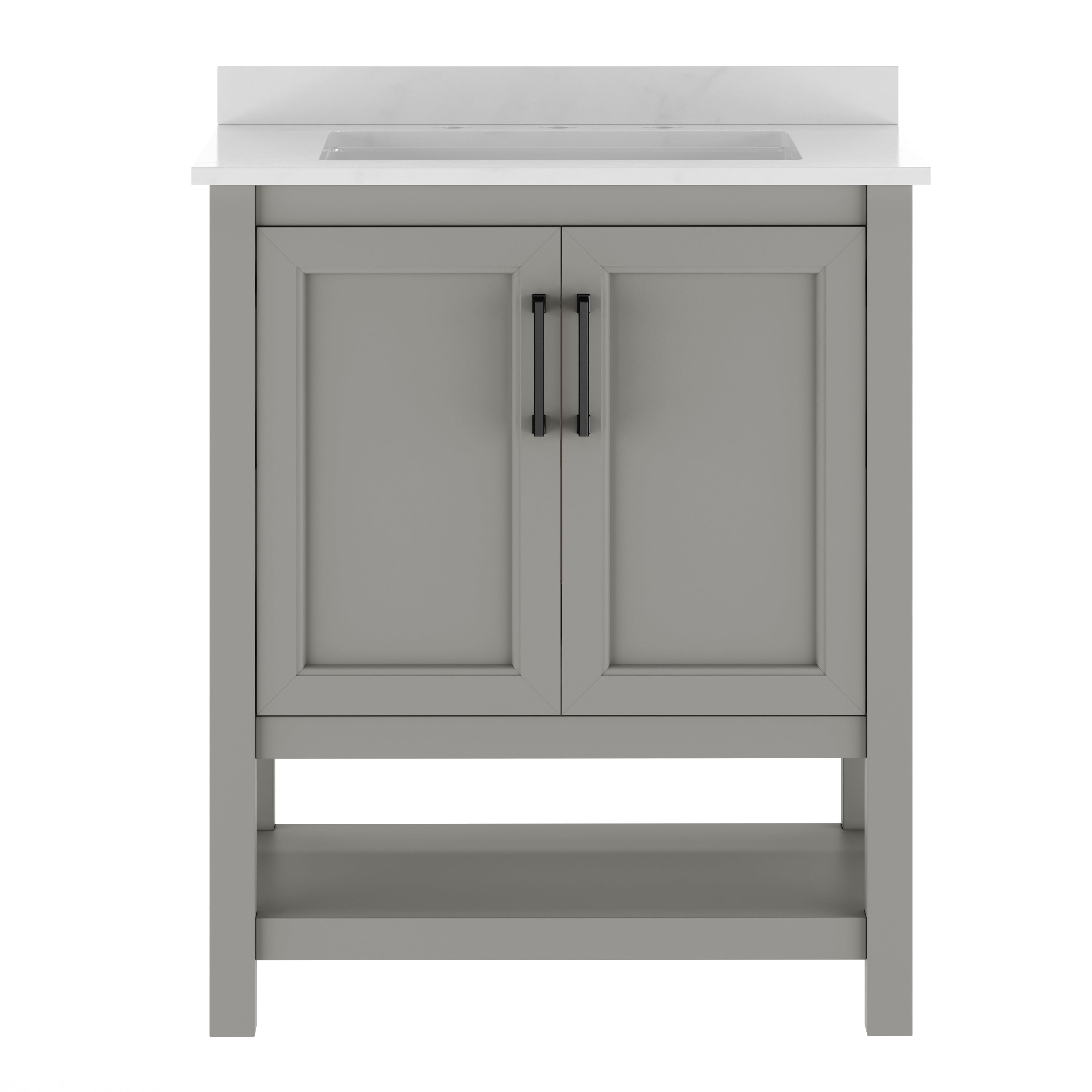 Vega 30" Bathroom Vanity with Sink, Storage Cabinet with Soft Close Doors & Open Shelf, Carrara Marble Finish Counter & Black Hardware, Gray/White